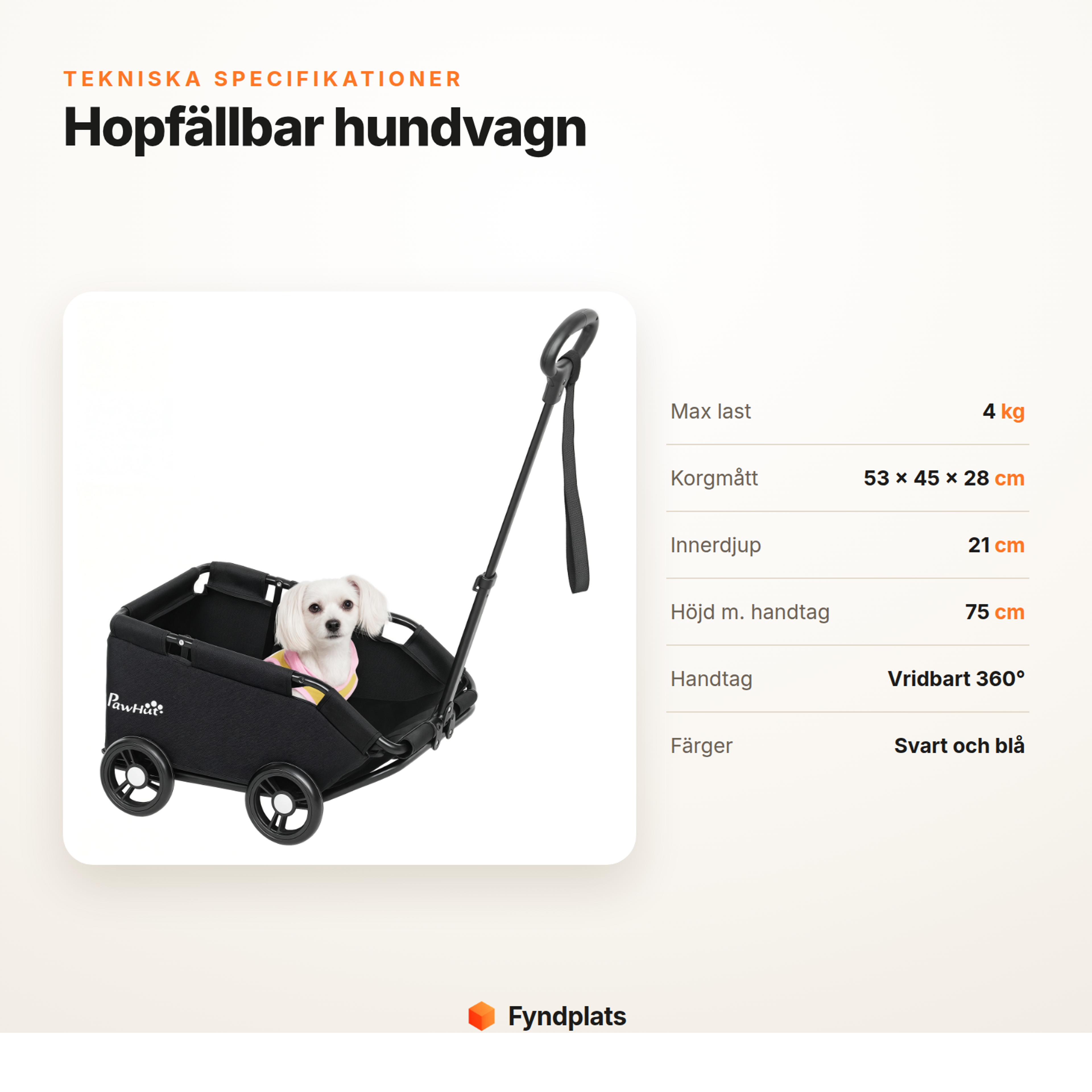 Specifikationskort med maxlast, mått, handtagshöjd och färger för hundvagnen