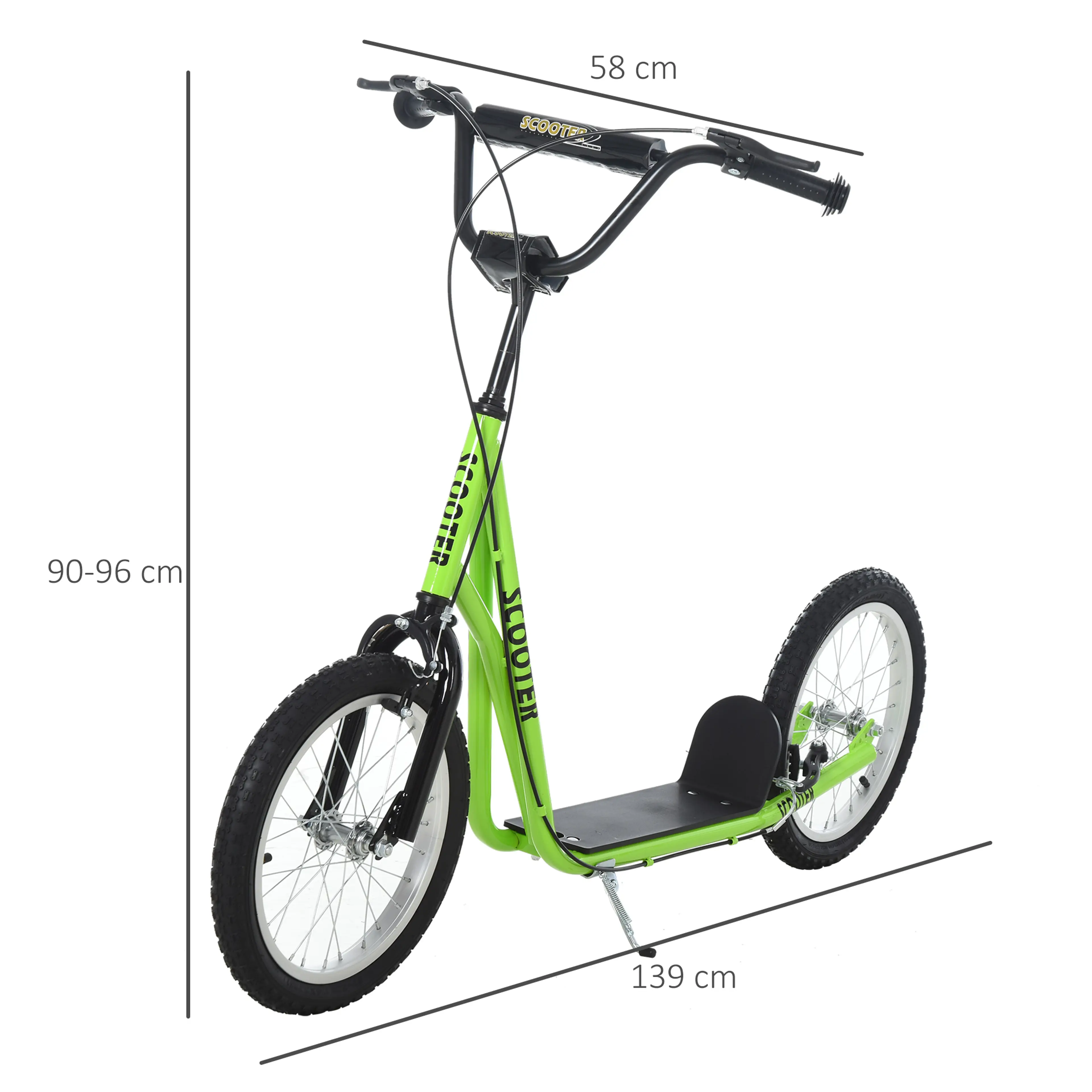 Måttskiss på den gröna sparkcykeln med längd 139 cm och justerbar styrhöjd 90–96 cm