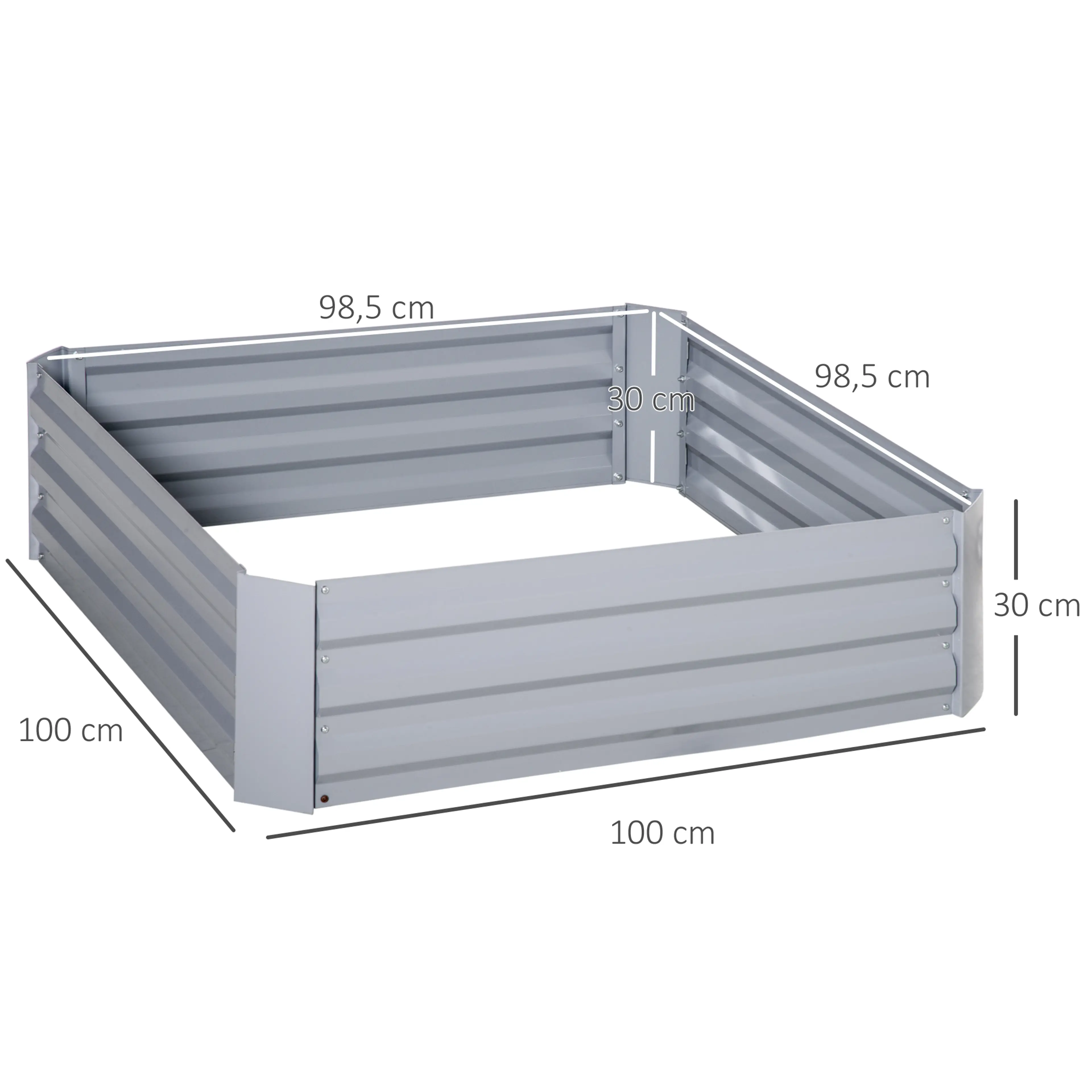 Måttbild med en odlingslådas mått i centimeter: 100, 100 och 30, och innermåttet 98,5
