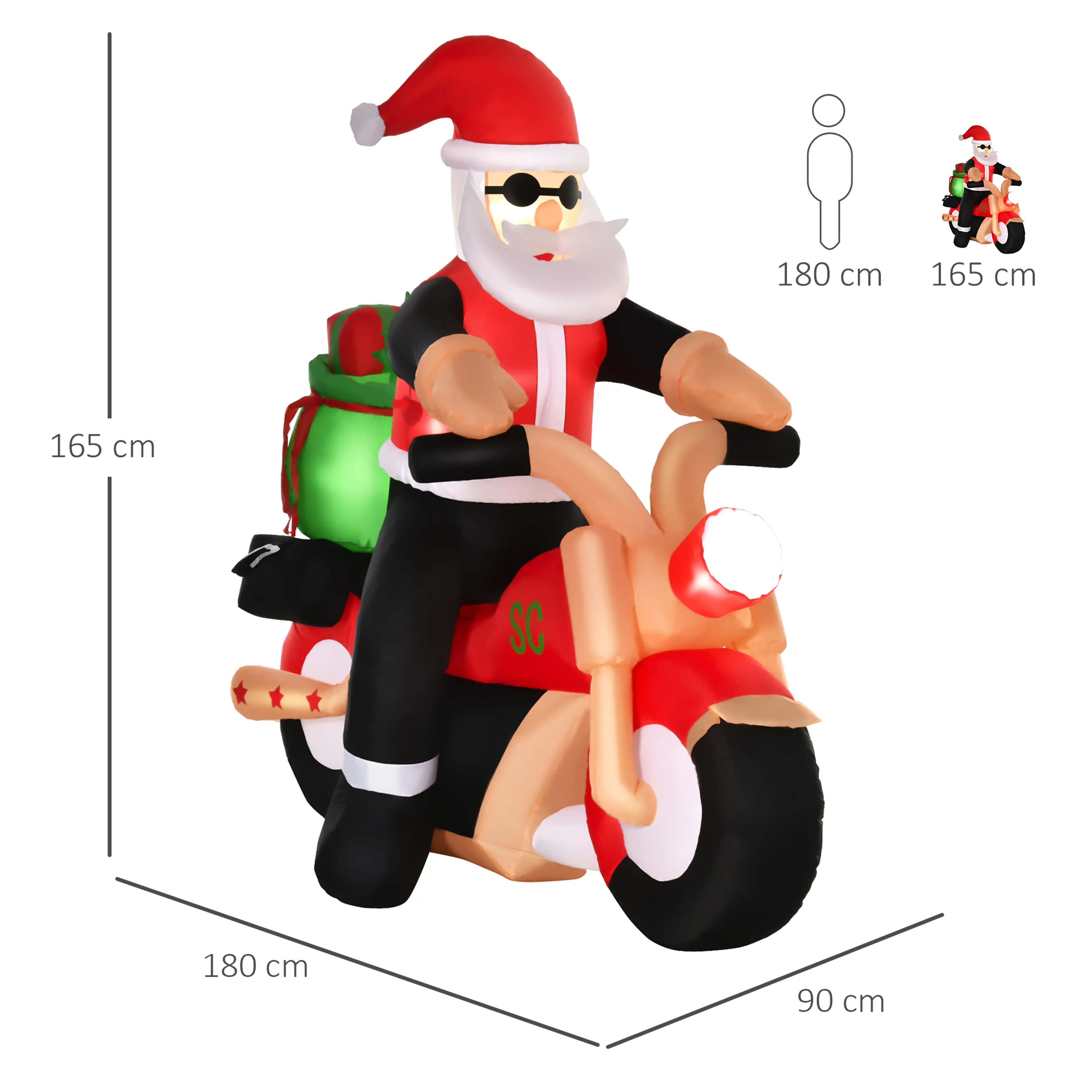 Måttbild: tomten på motorcykeln är 165 cm hög, 180 cm lång och 90 cm bred, jämförd med en liten figur av en person