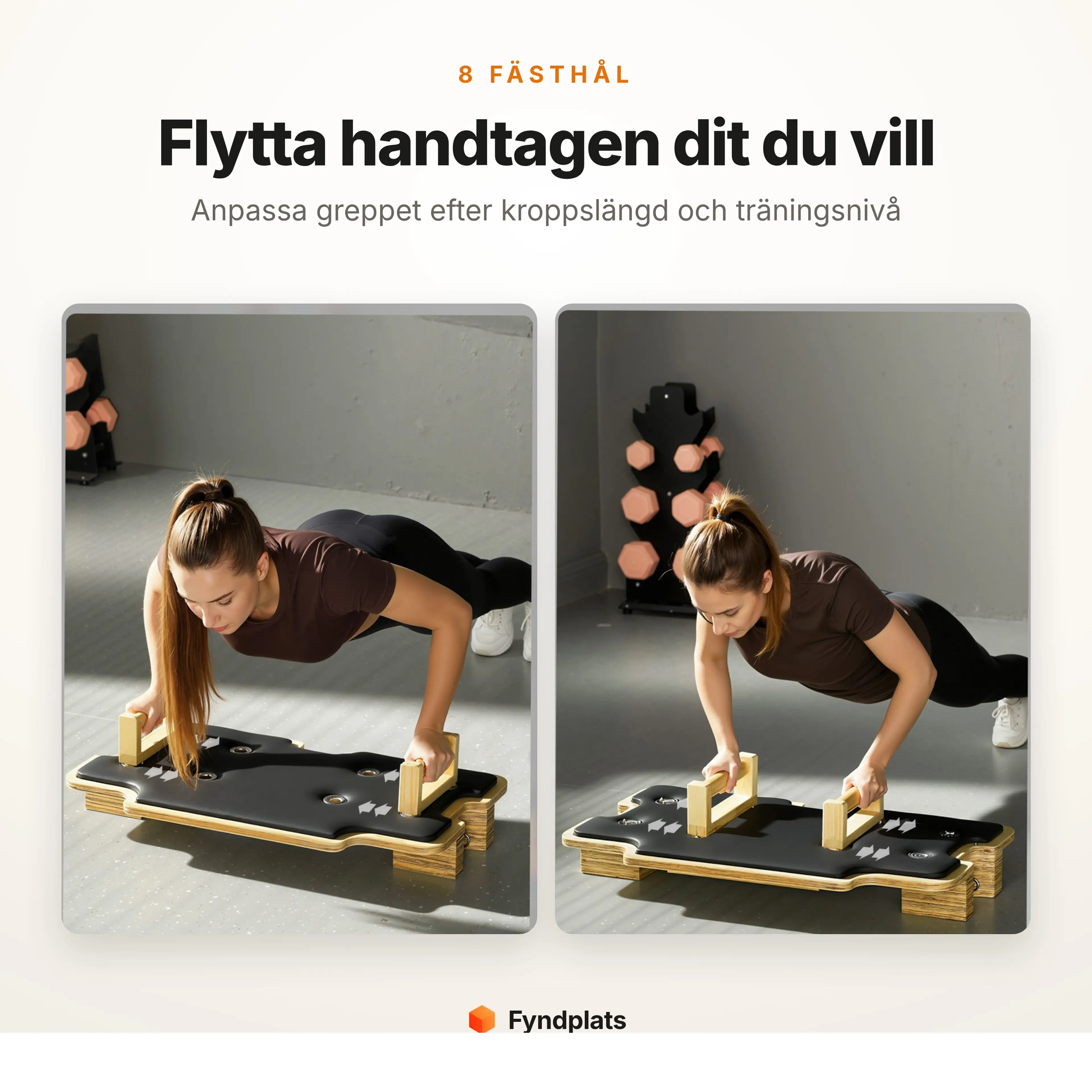 Trähandtagen flyttade mellan pilatesbrädans åtta fästhål under armhävningar
