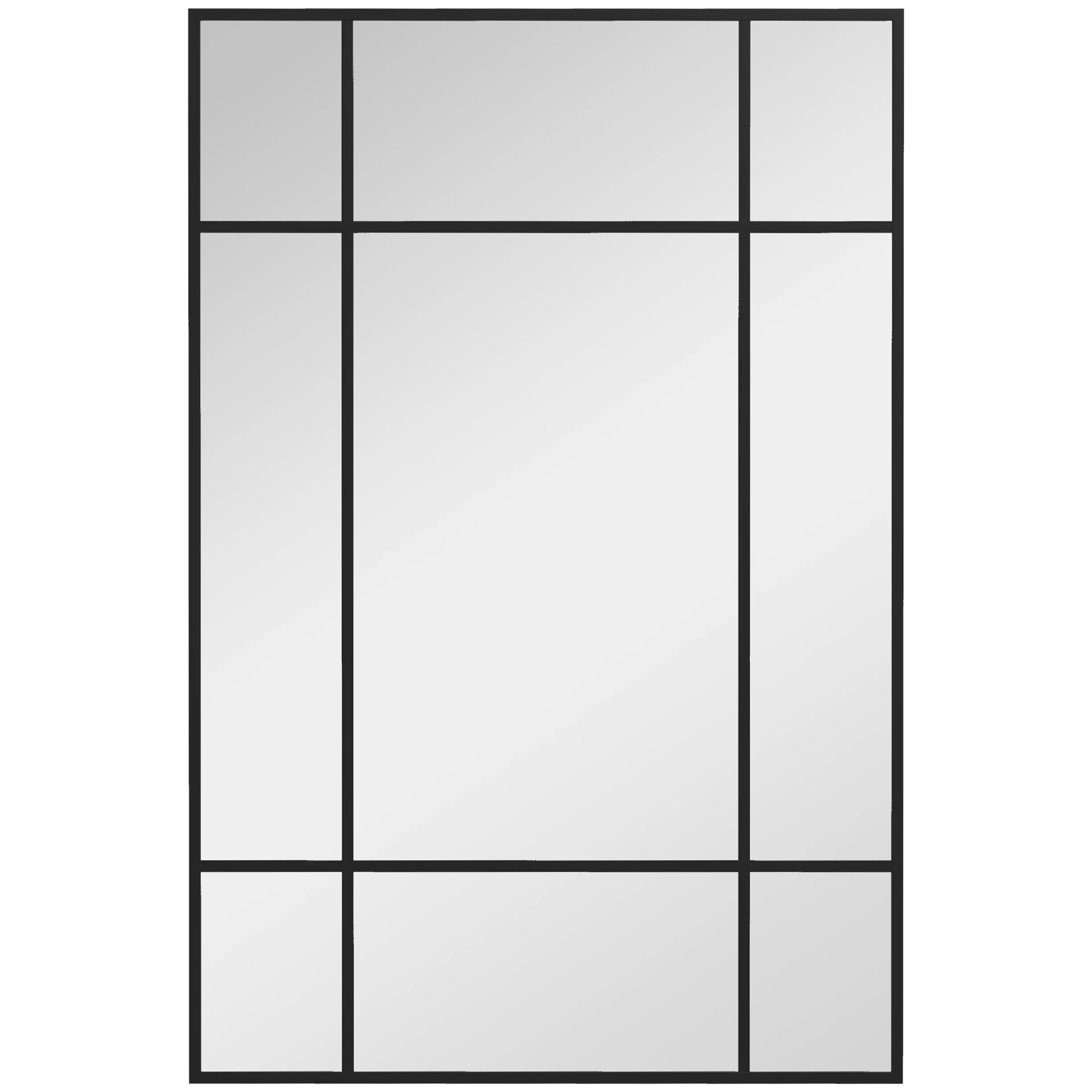Väggspegel 90 × 60 cm med nio fält – svart metallram, hängs åt två håll