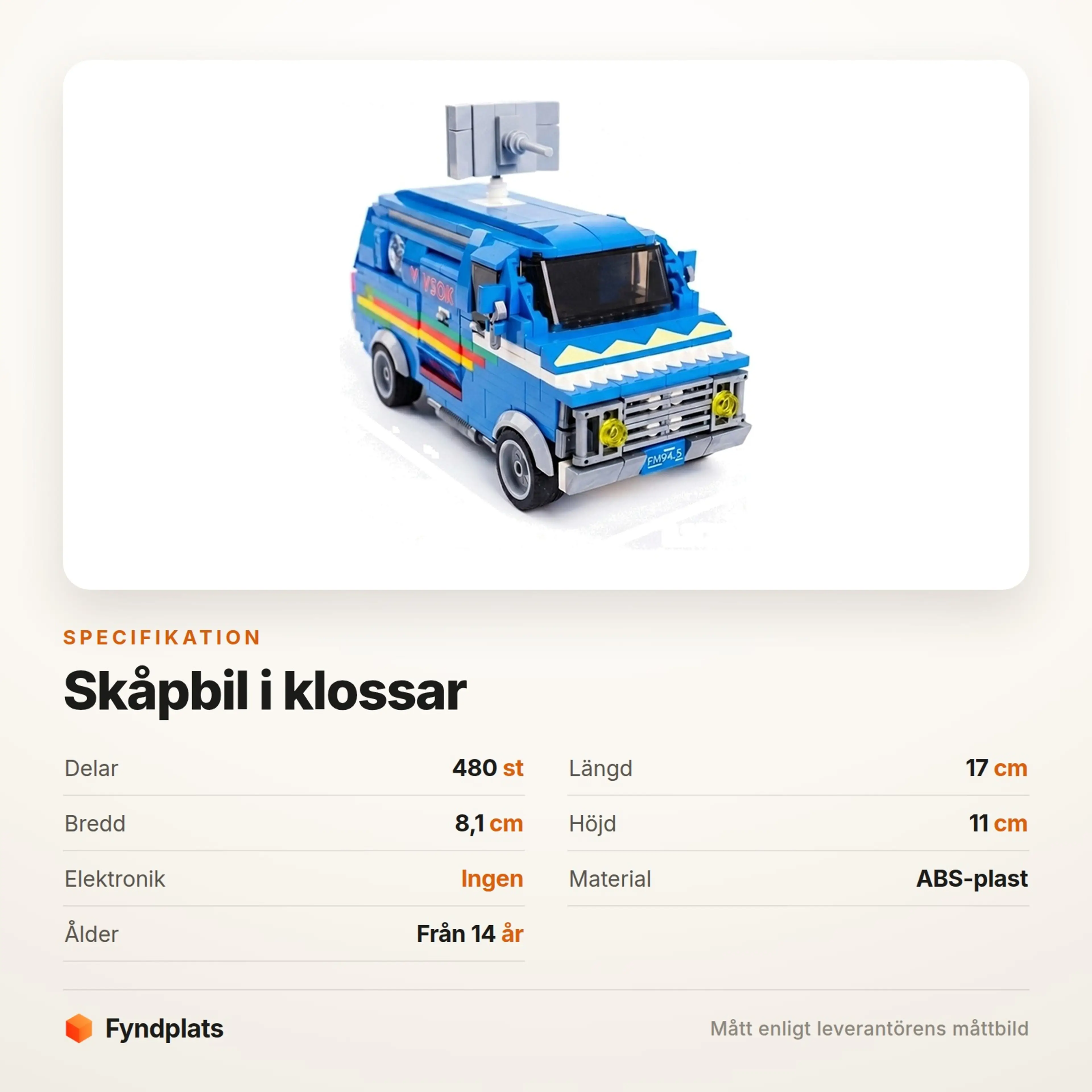 Fyndplats-kort med specifikationer: 480 delar, 17 cm lång och från 14 år