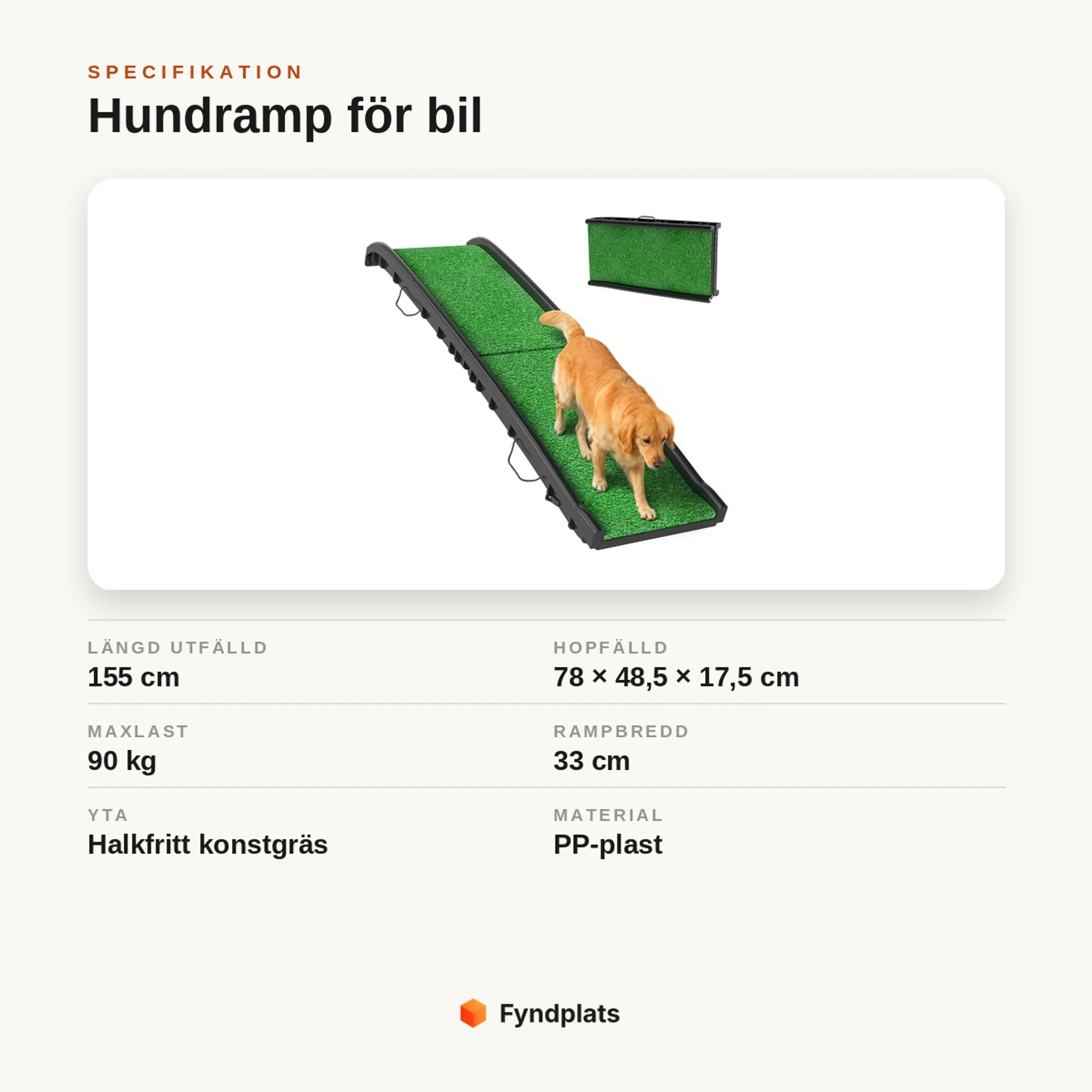 Specifikation för hundramp: längd 155 cm, hopfälld 78 × 48,5 × 17,5 cm, maxlast 90 kg, halkfritt konstgräs.
