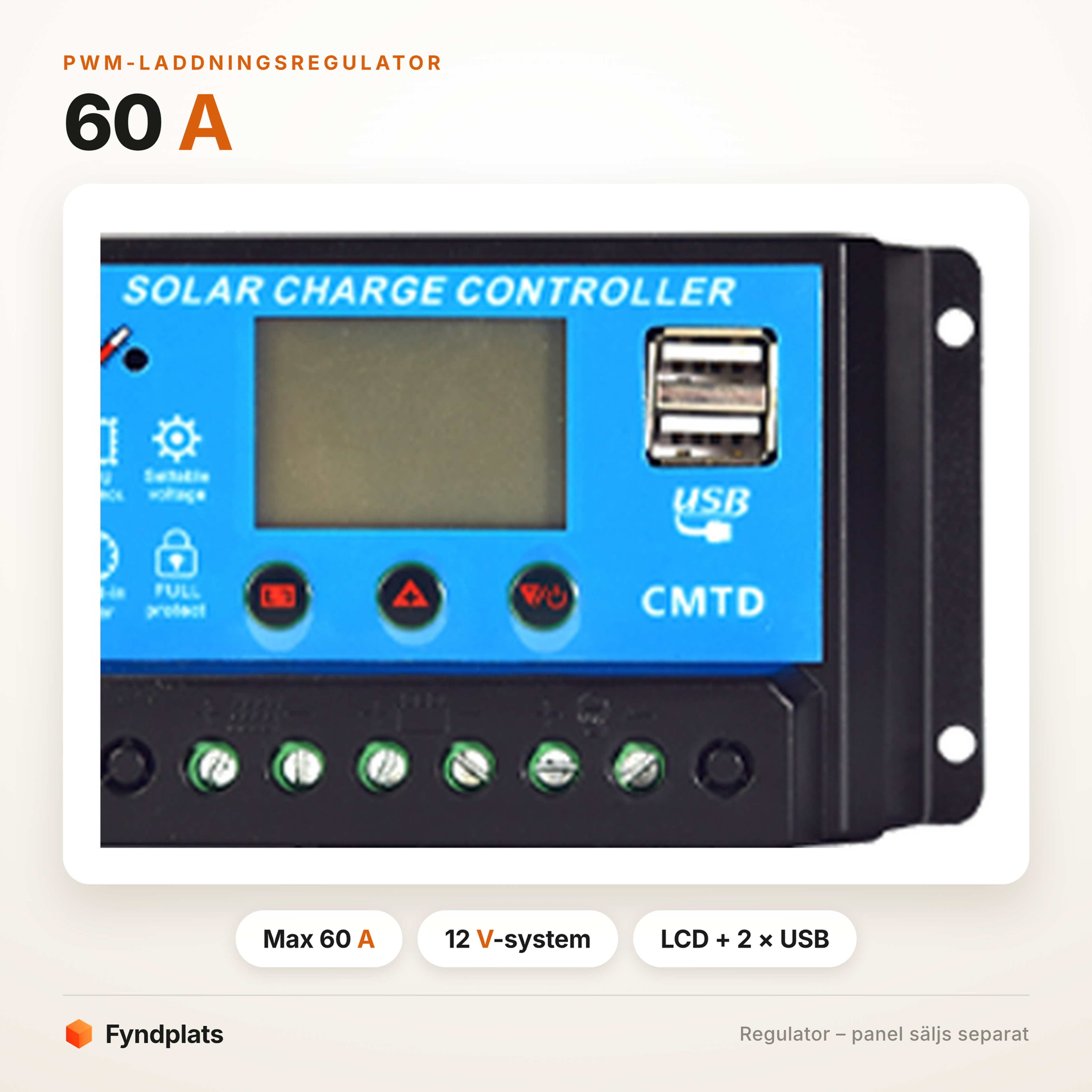 Infokort: PWM-laddningsregulator 60 A för 12 V-system med LCD och USB