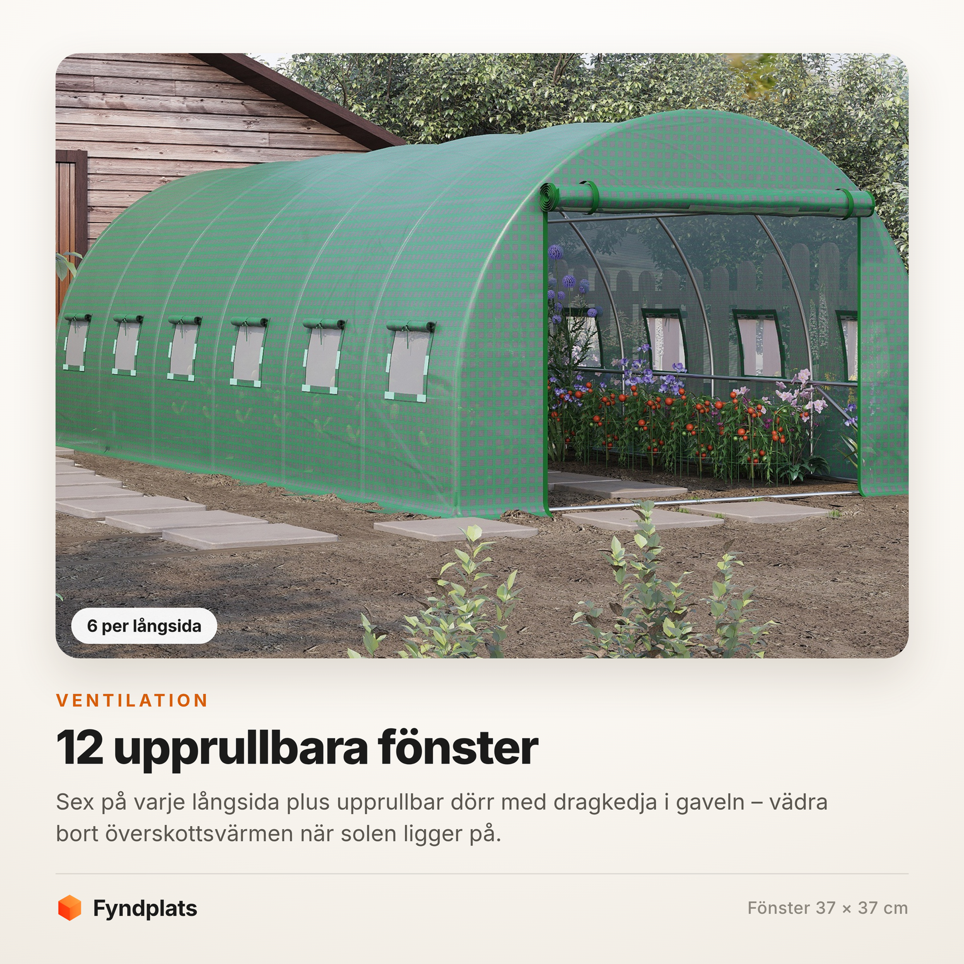 Fyndplats-kort om ventilation: reservöverdraget monterat med sina tolv upprullbara fönster, sex per långsida.