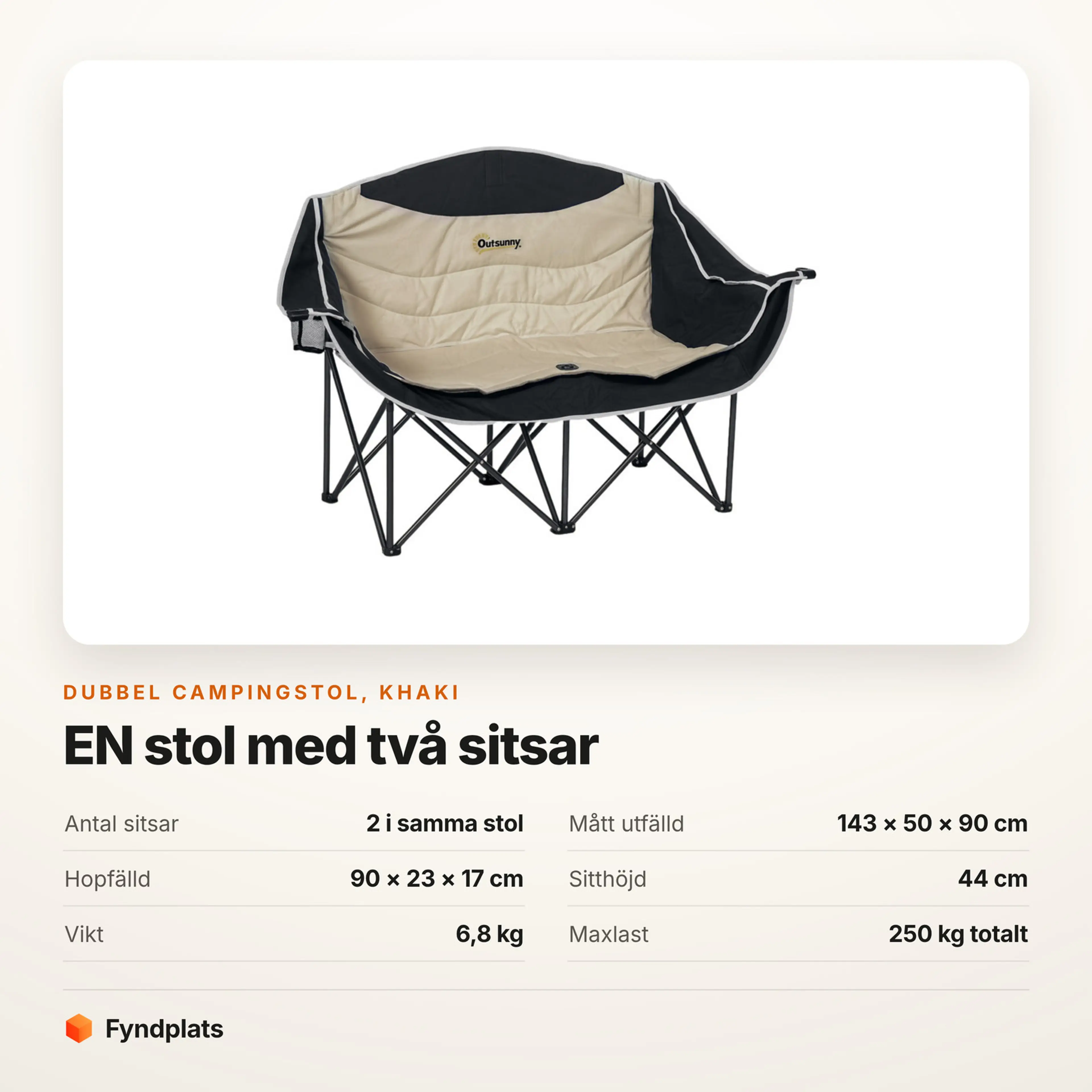 Faktakort: dubbel campingstol khaki, bredd, sitthöjd och maxlast