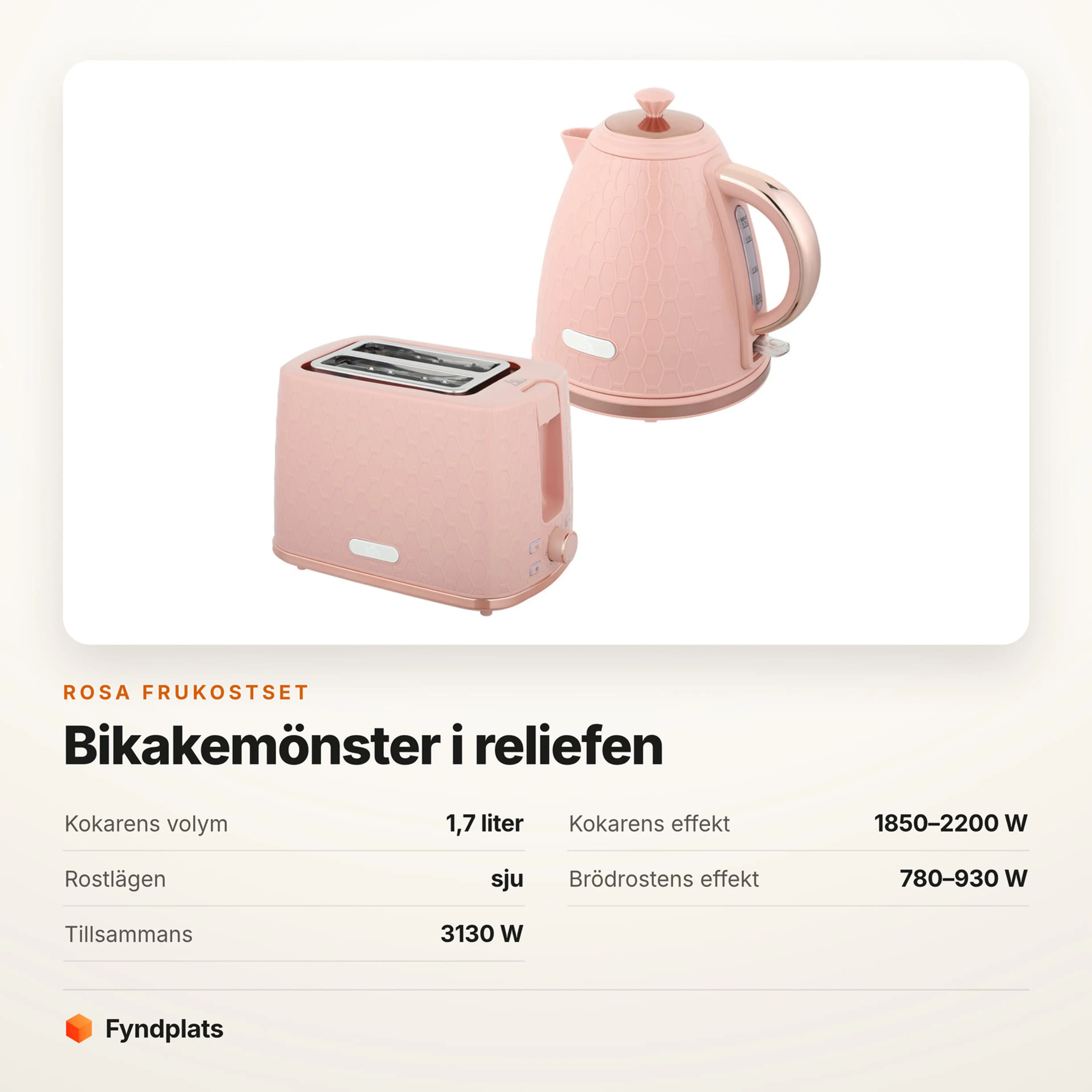 Specifikationer för det rosa frukostsetet: 1,7 liter, 1850–2200 W, sju rostlägen, brödrost 780–930 W och 3130 W tillsammans