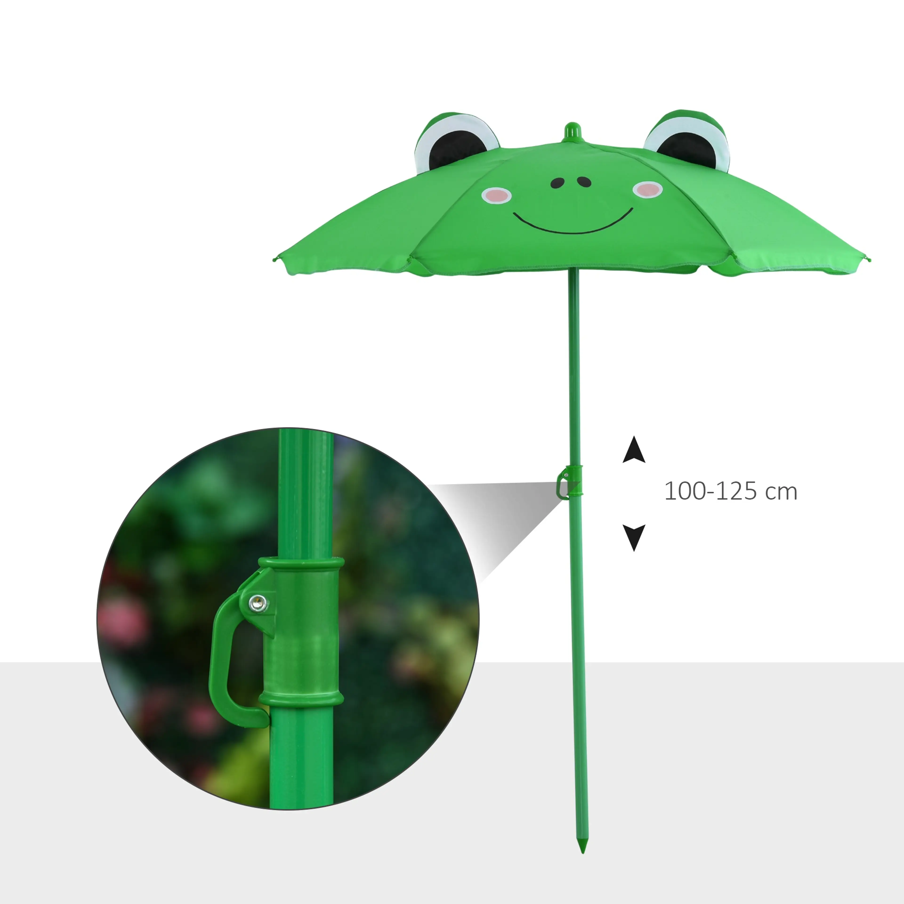 Grodparasollet med justerbar höjd 100–125 cm och närbild på låsmekanismen på stången