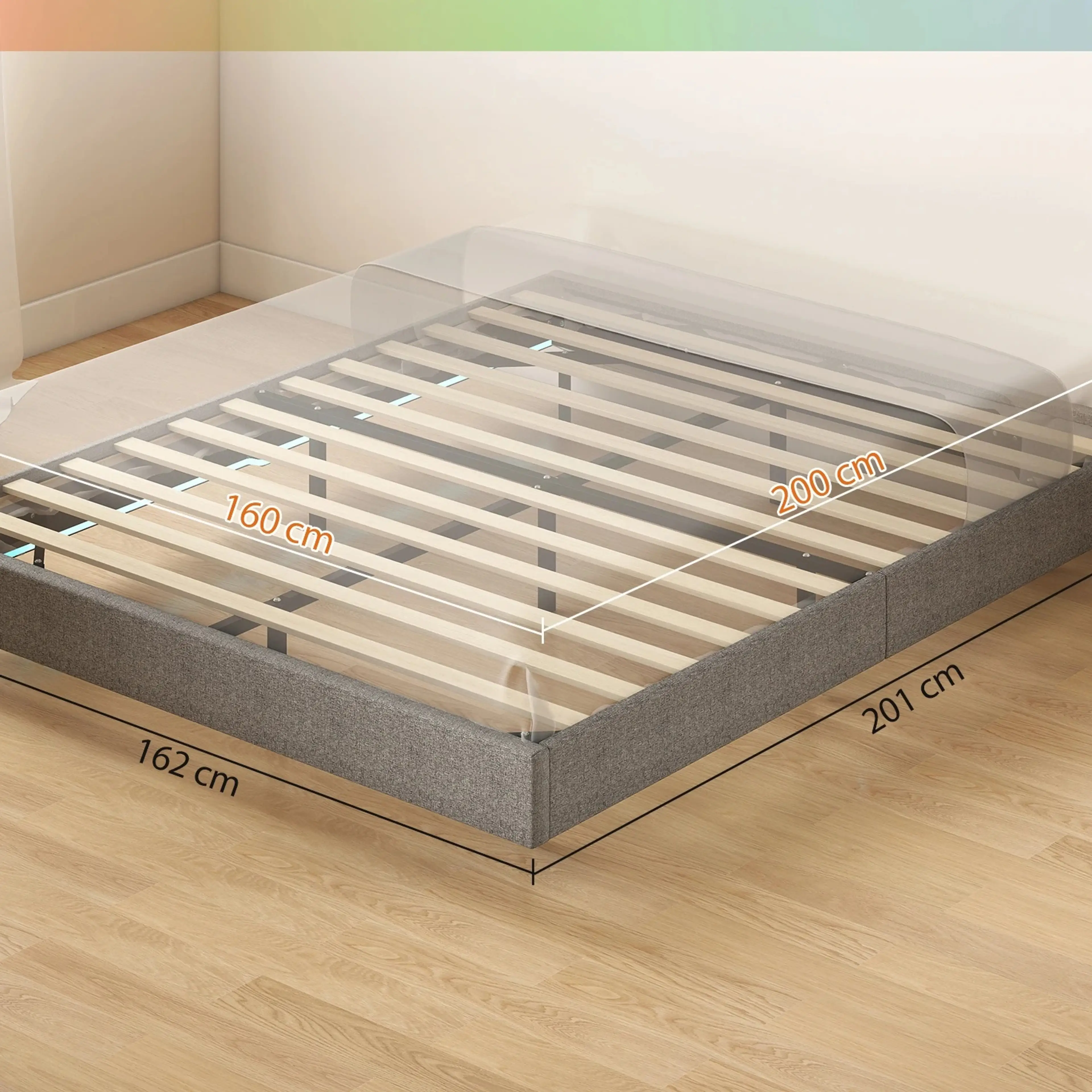 Måttskiss: ram 201 × 162 × 27 cm för madrass 160 × 200 cm
