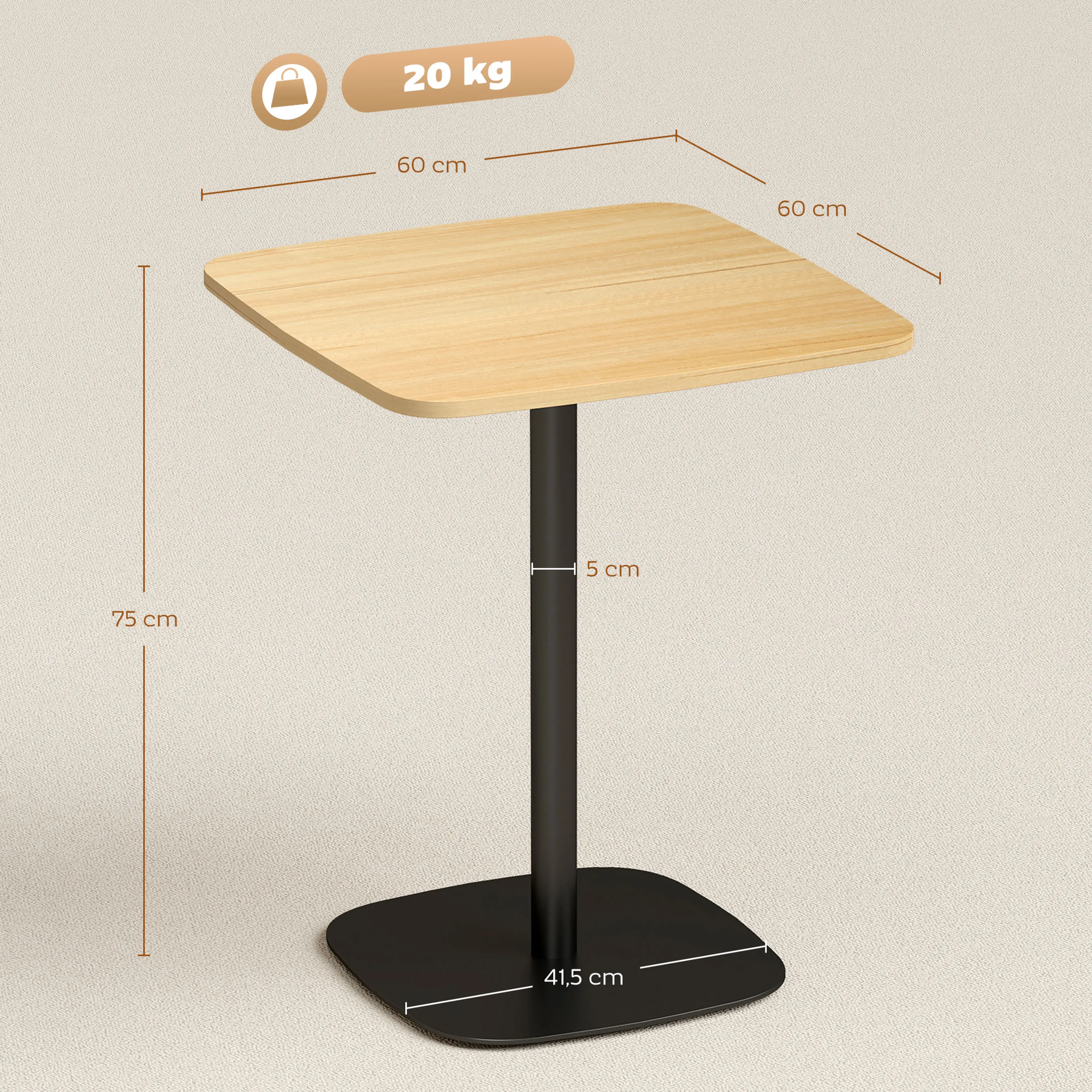 Måttskiss: 60 × 60 cm skiva, 75 cm höjd och fotplatta på 41,5 cm