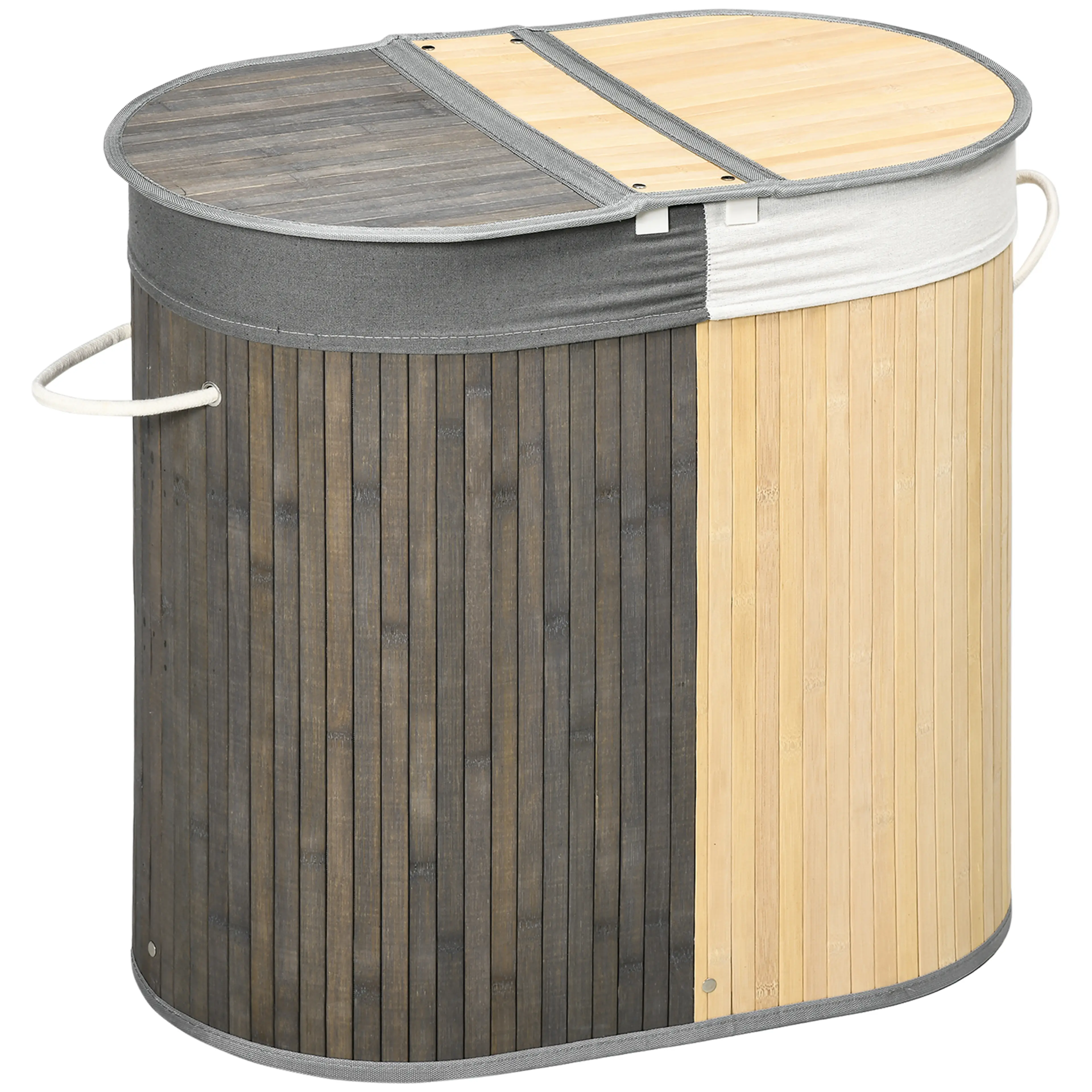 Tvättkorg i bambu med lock – 100 L, 2 fack, tvättsorterare