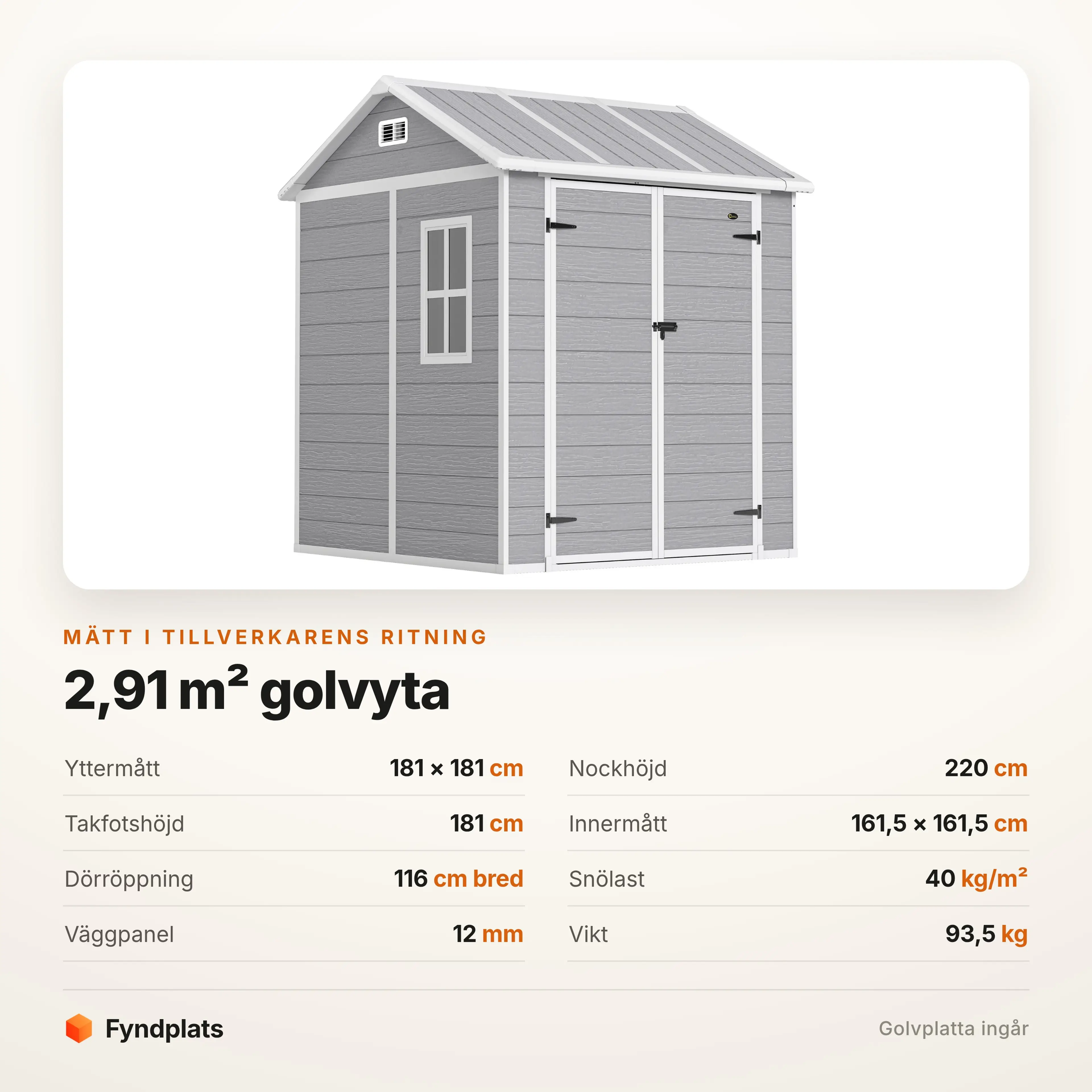 Specifikationer: 2,91 m² golvyta, 181 × 181 cm, 220 cm nockhöjd