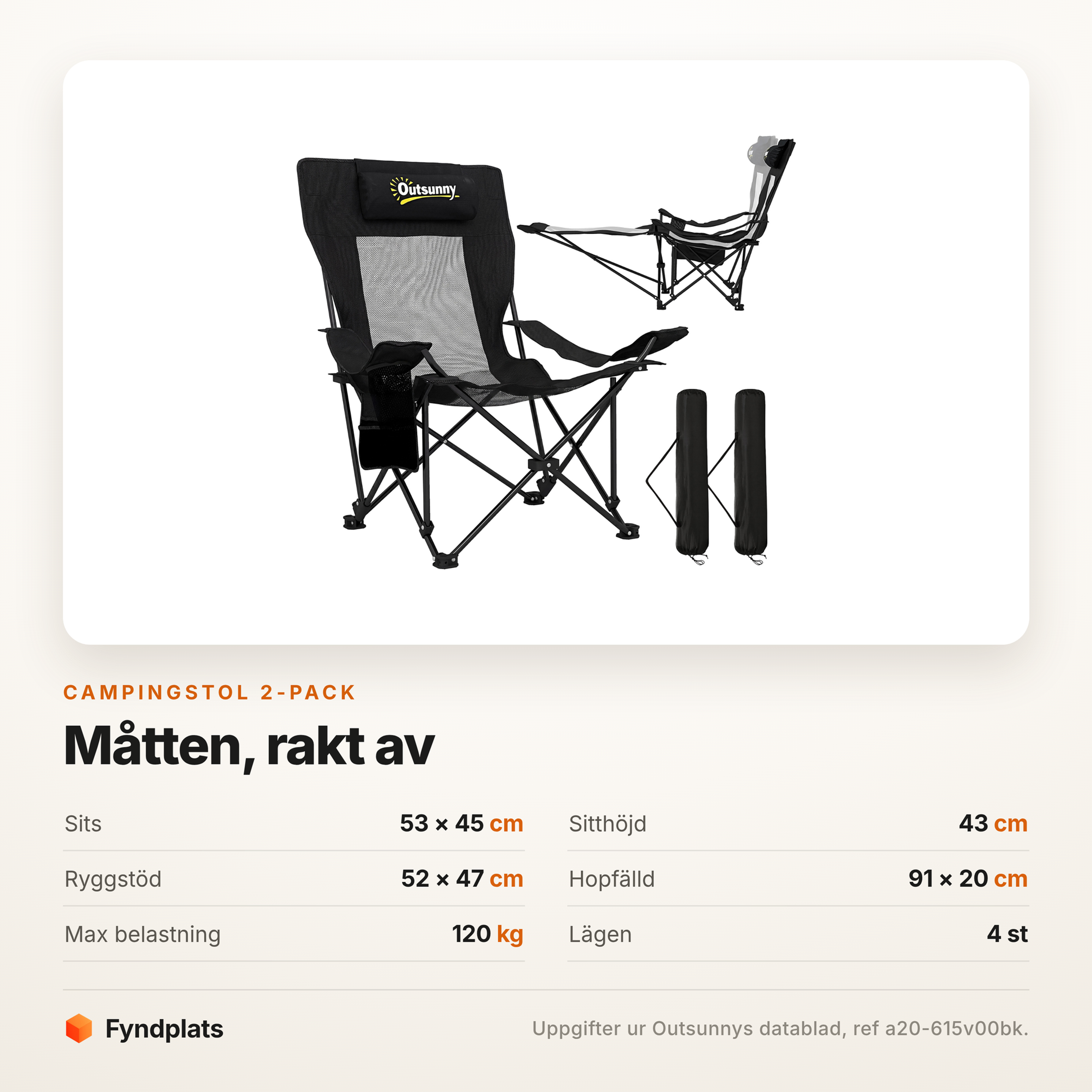 Specifikationskort: sits 53 × 45 cm, max belastning 120 kg och fyra rygglägen