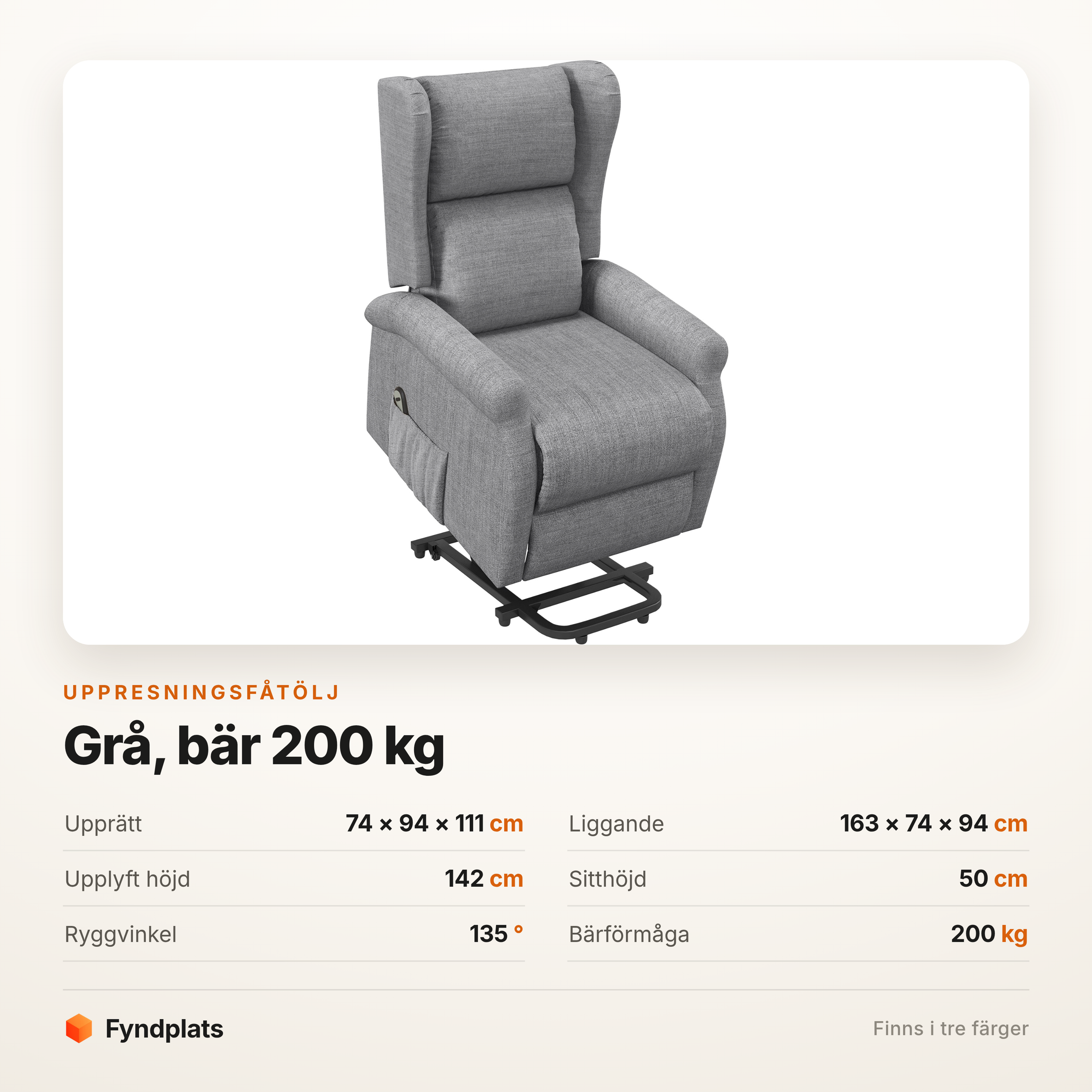 Uppresningsfåtölj grå som bär 200 kg – 163 cm liggläge, sitthöjd 50 cm – bild 5