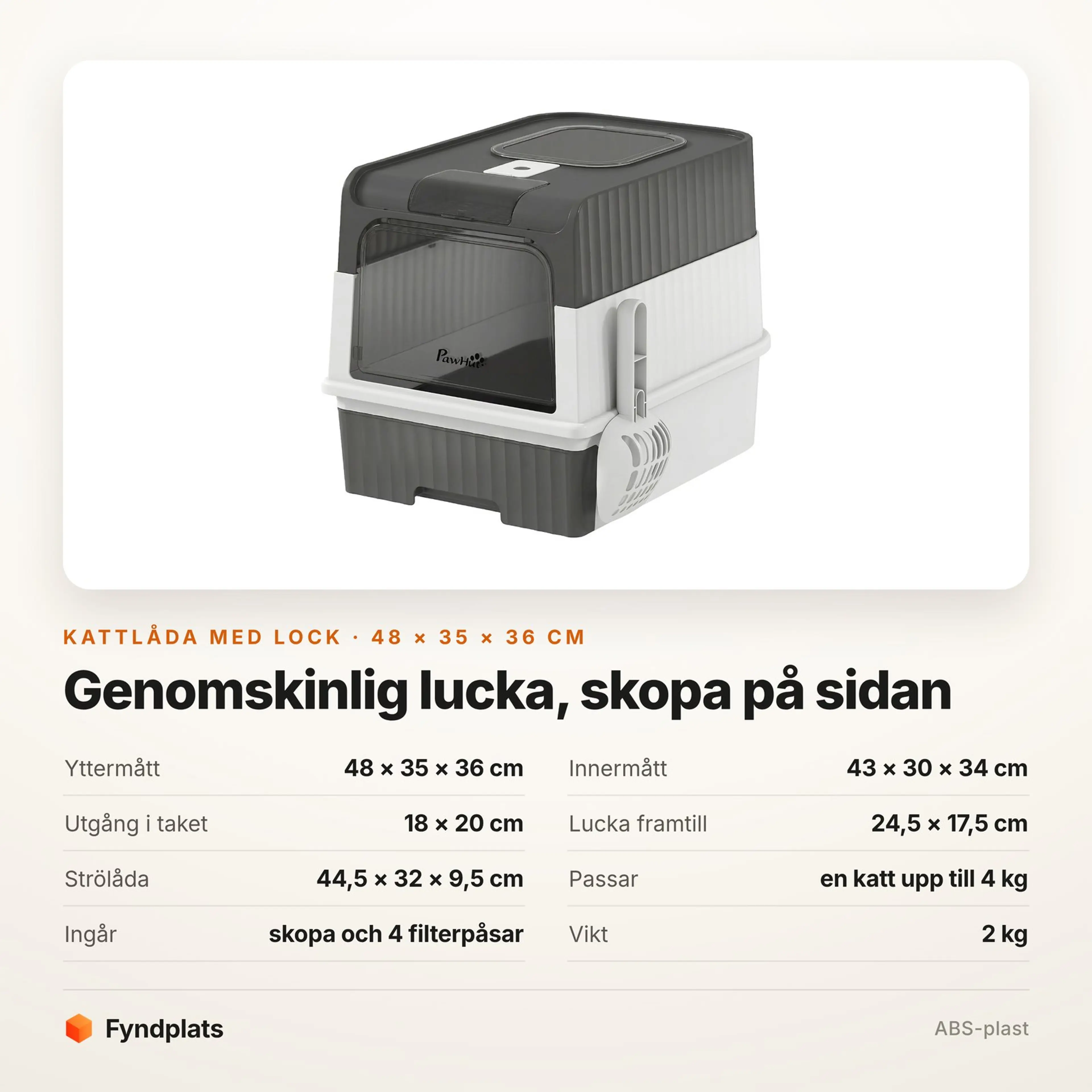 Faktakort: genomskinlig lucka framtill och skopa som hängs på sidan