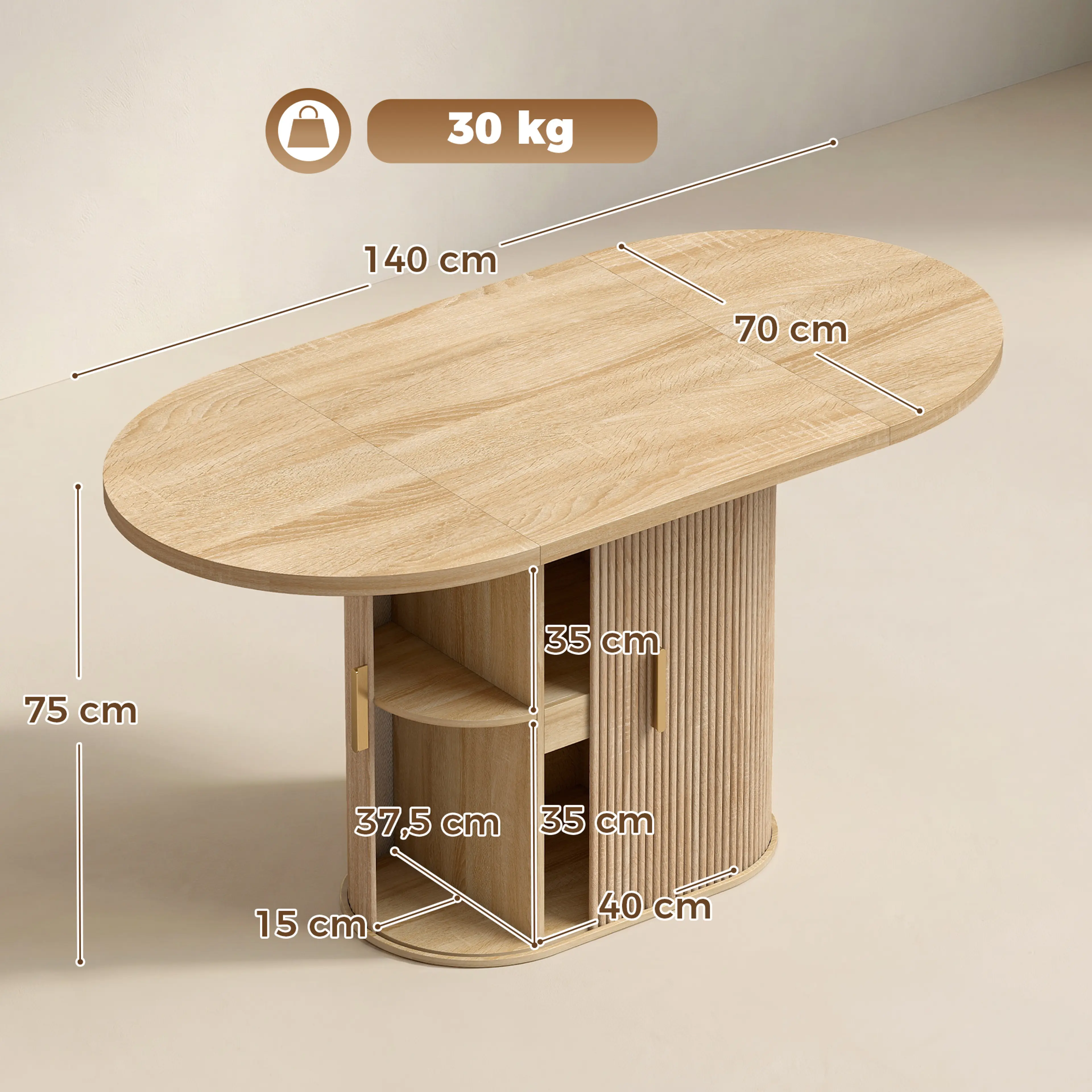 Måttskiss för ovalt matbord: 140 × 70 × 75 cm, maxbelastning 30 kg
