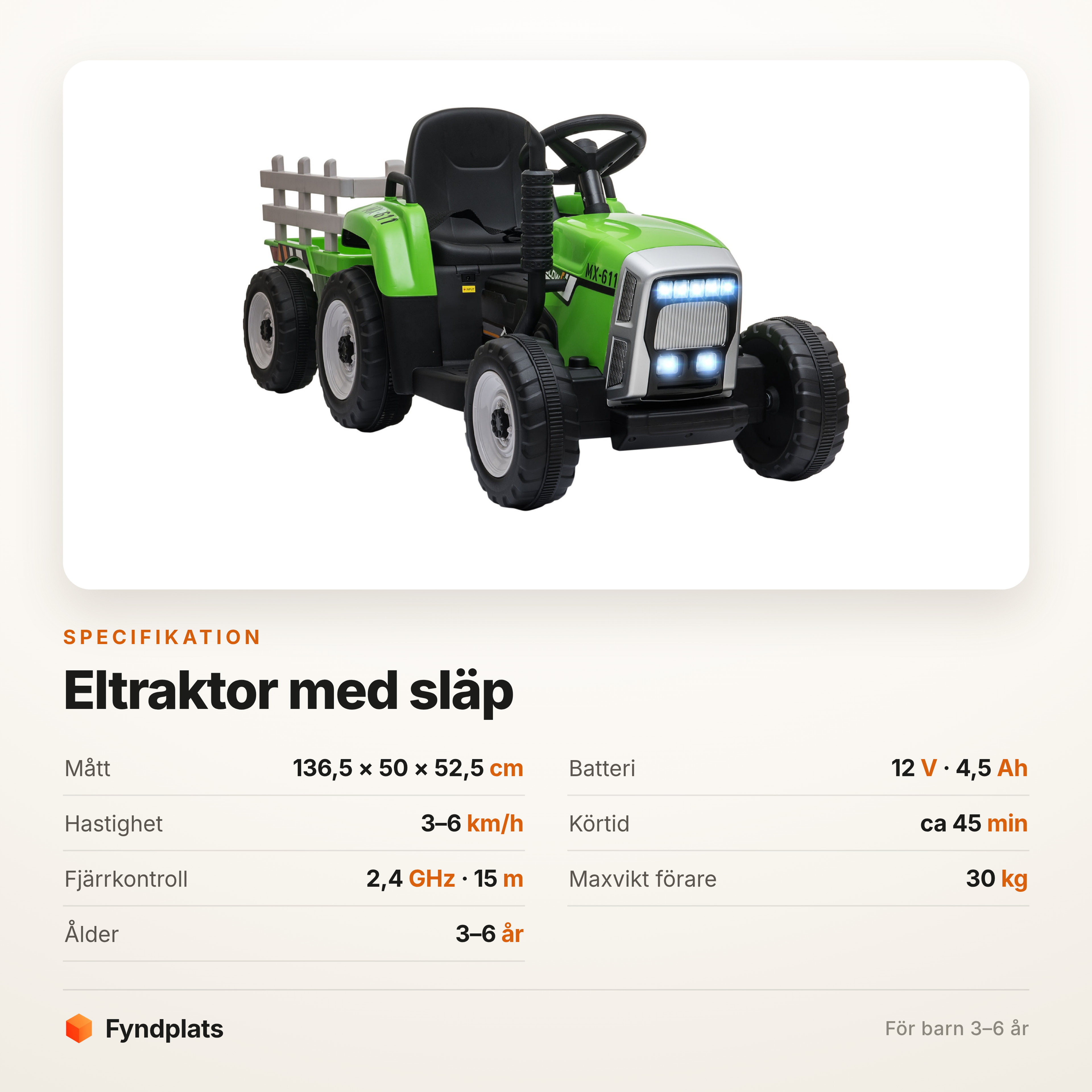 Fyndplats specifikationskort för eltraktorn: 136,5 × 50 × 52,5 cm, batteri 12 V 4,5 Ah, 3–6 km/h, körtid cirka 45 minuter, fjärrkontroll 2,4 GHz 15 m, max 30 kg, 3–6 år.