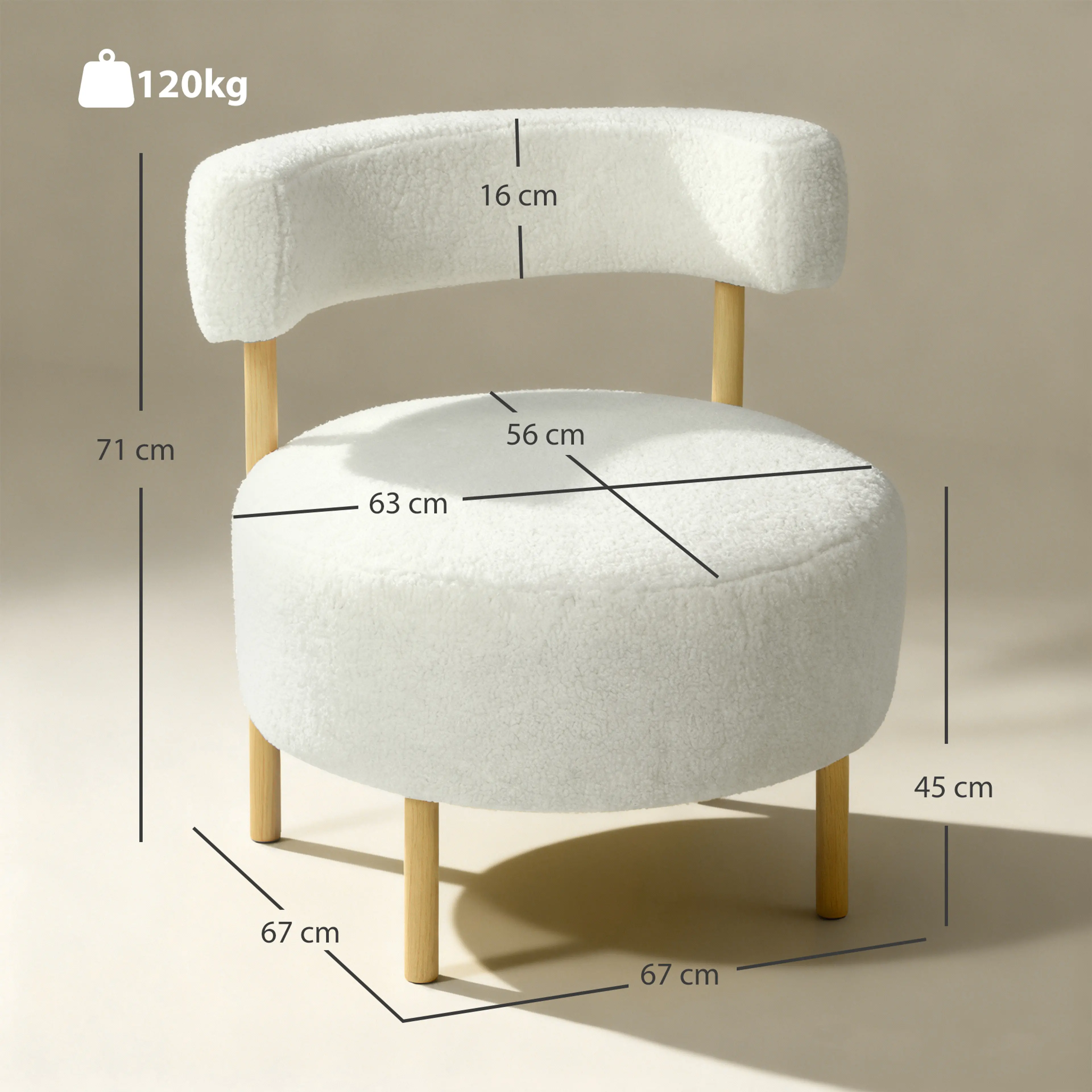 Måttskiss över fåtöljen: 67 cm bred, 71 cm hög, sitthöjd 45 cm och maxlast 120 kg