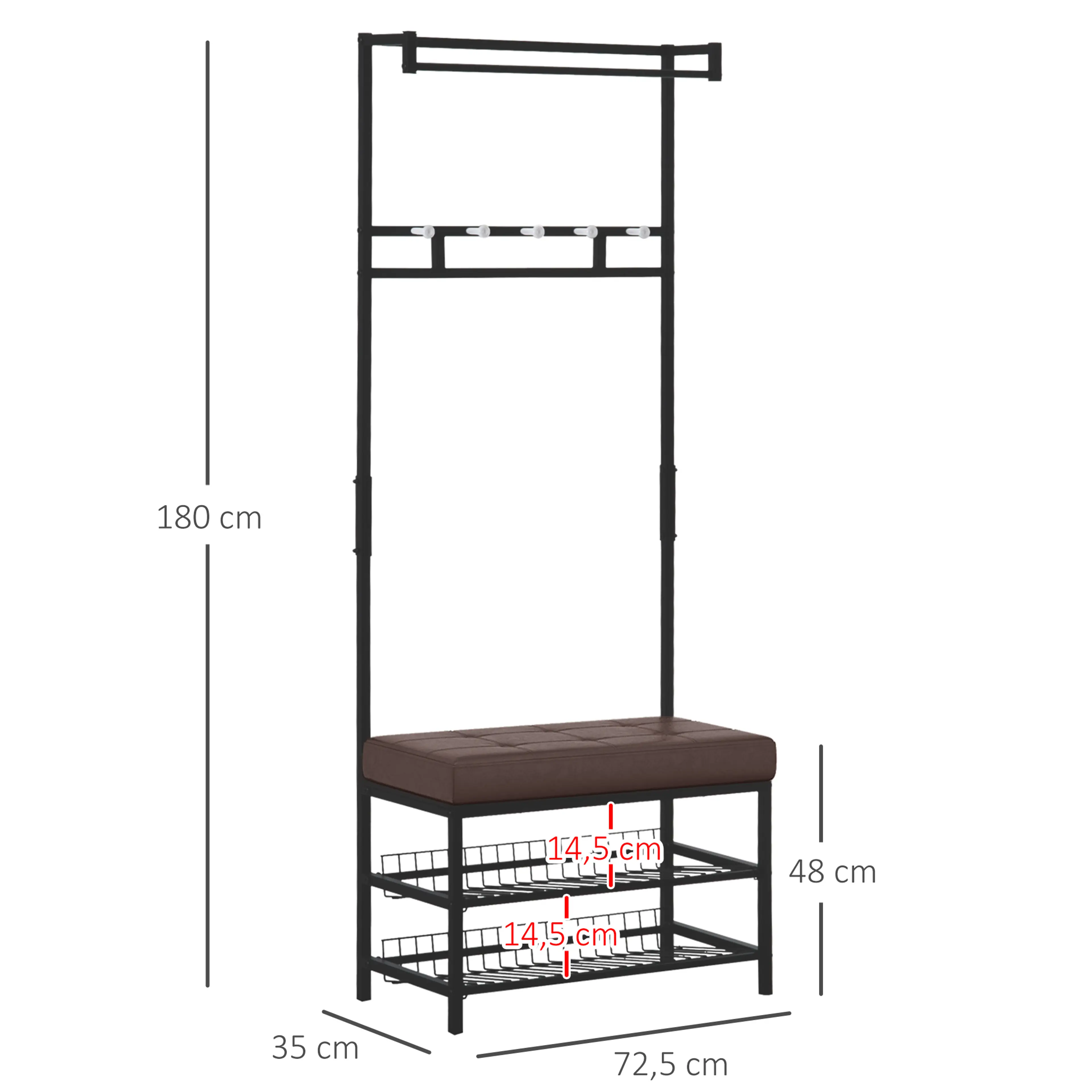 Måttskiss: 180 cm hög, 48 cm sitthöjd och 72,5 × 35 cm golvyta