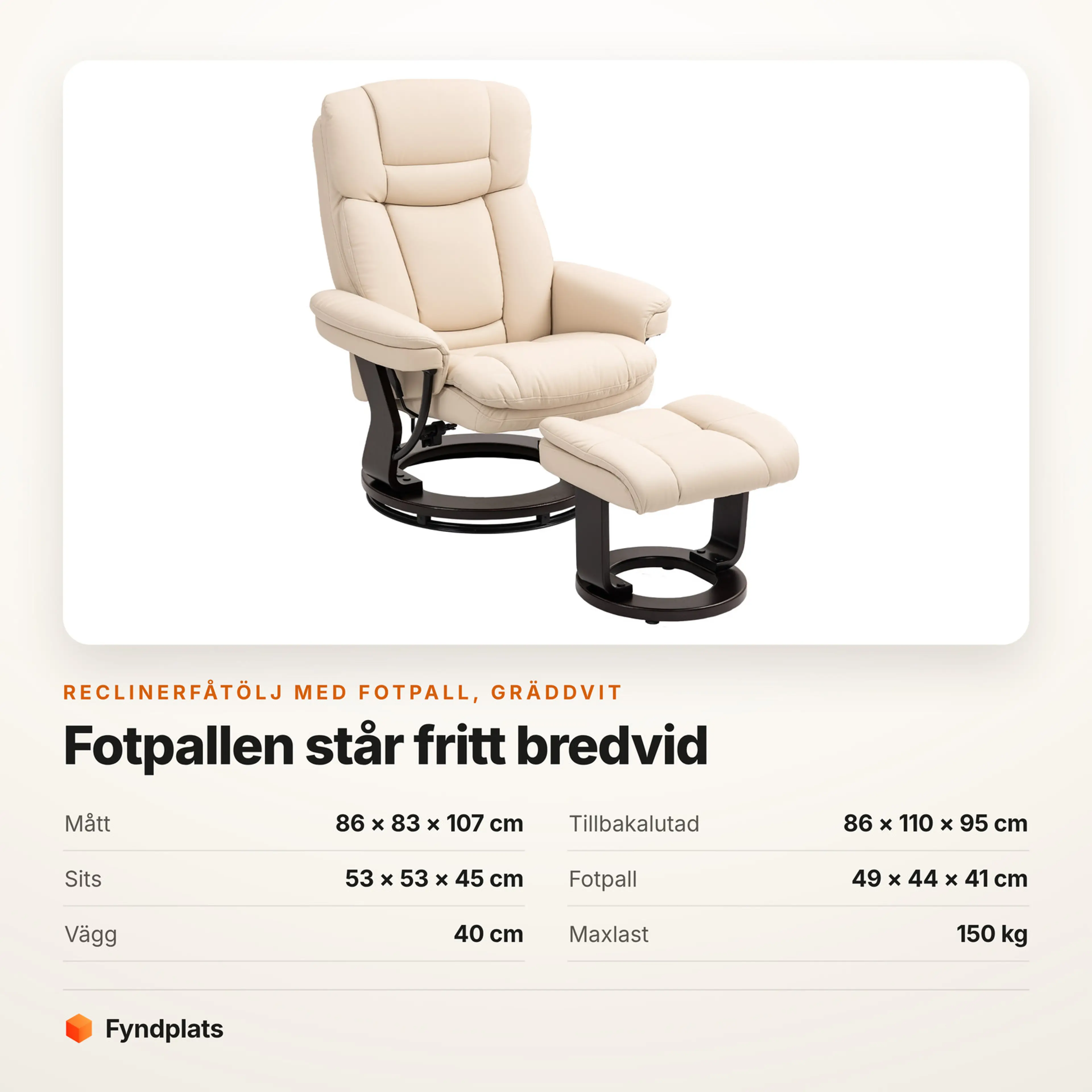 Reclinerfåtölj med fotpall i gräddvit konstläder, mått och maxlast