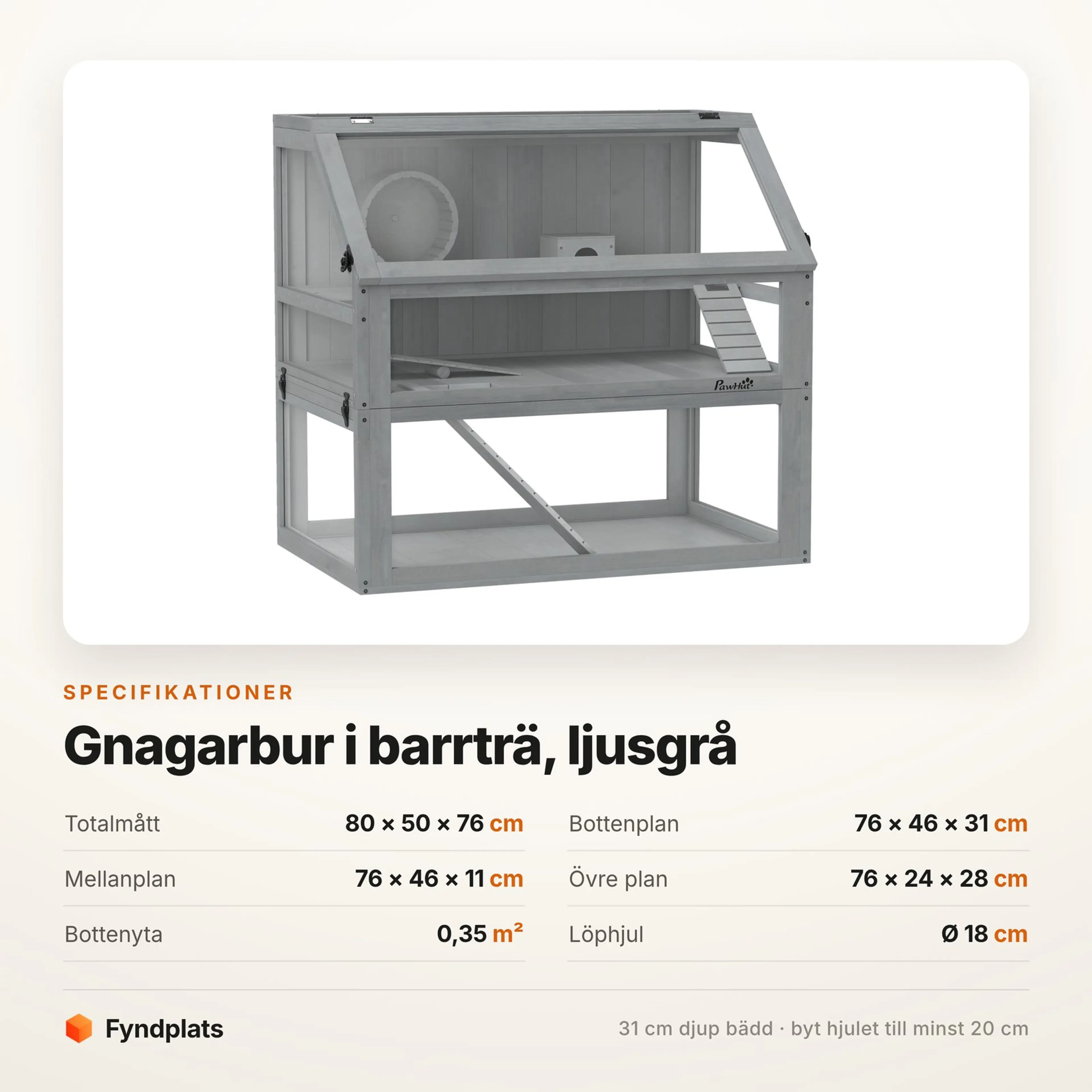Hamsterbur i trä med 31 cm djup bädd och tre plan, ljusgrå – bild 4