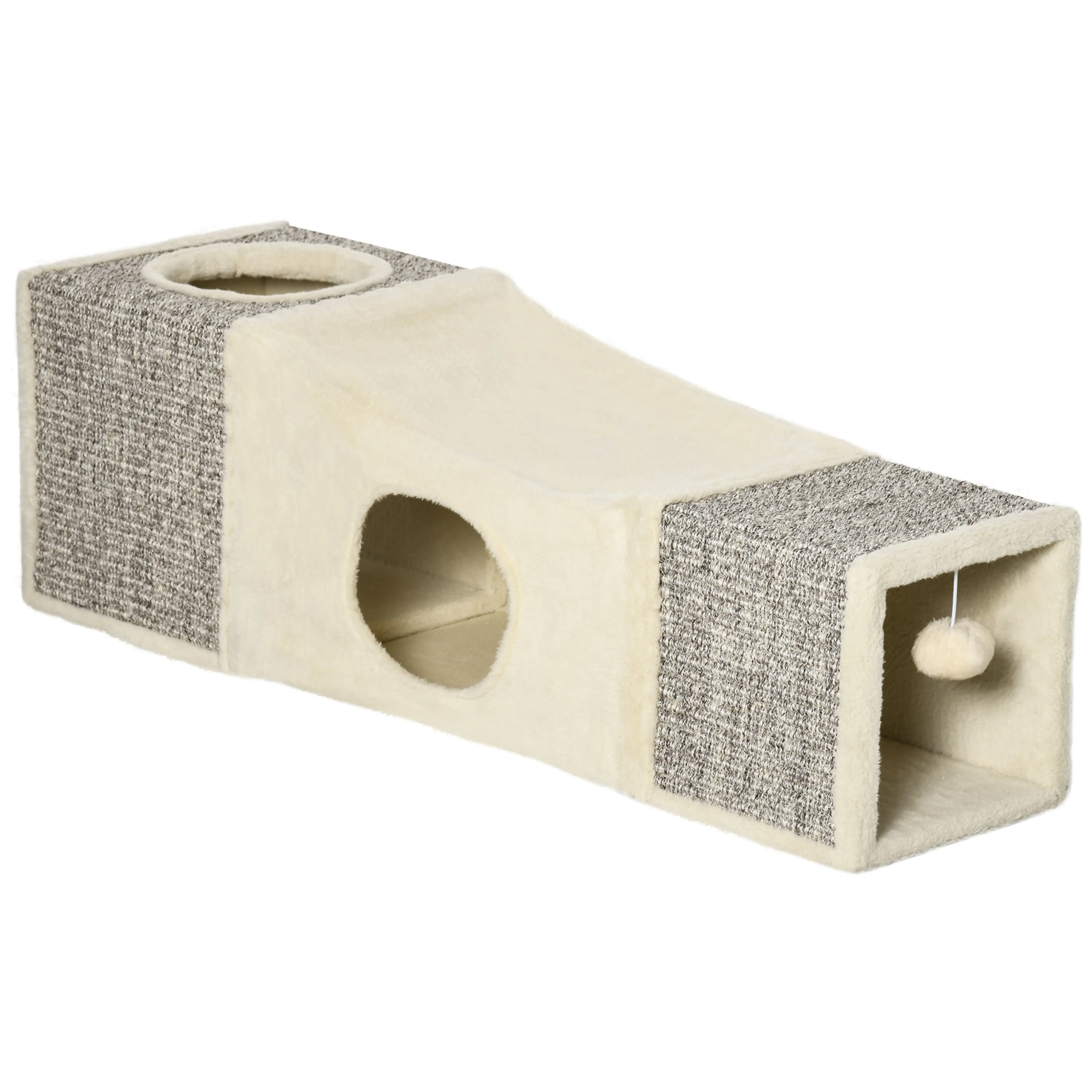 Kattunnel med två grottor, sisalytor och hängande boll – 98 × 30 × 30 cm