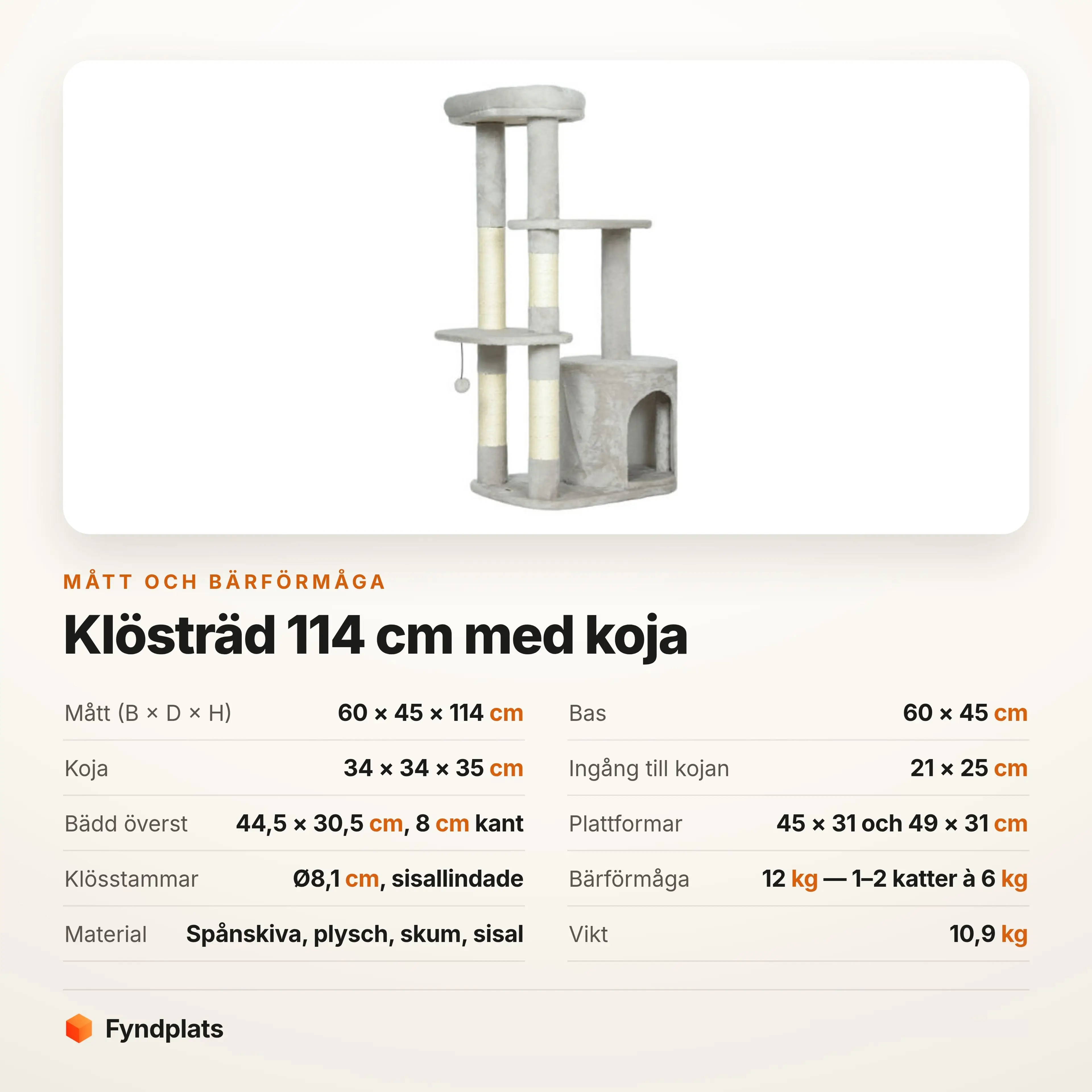 Klösträd 114 cm med koja, bädd och sisalstammar – bild 3