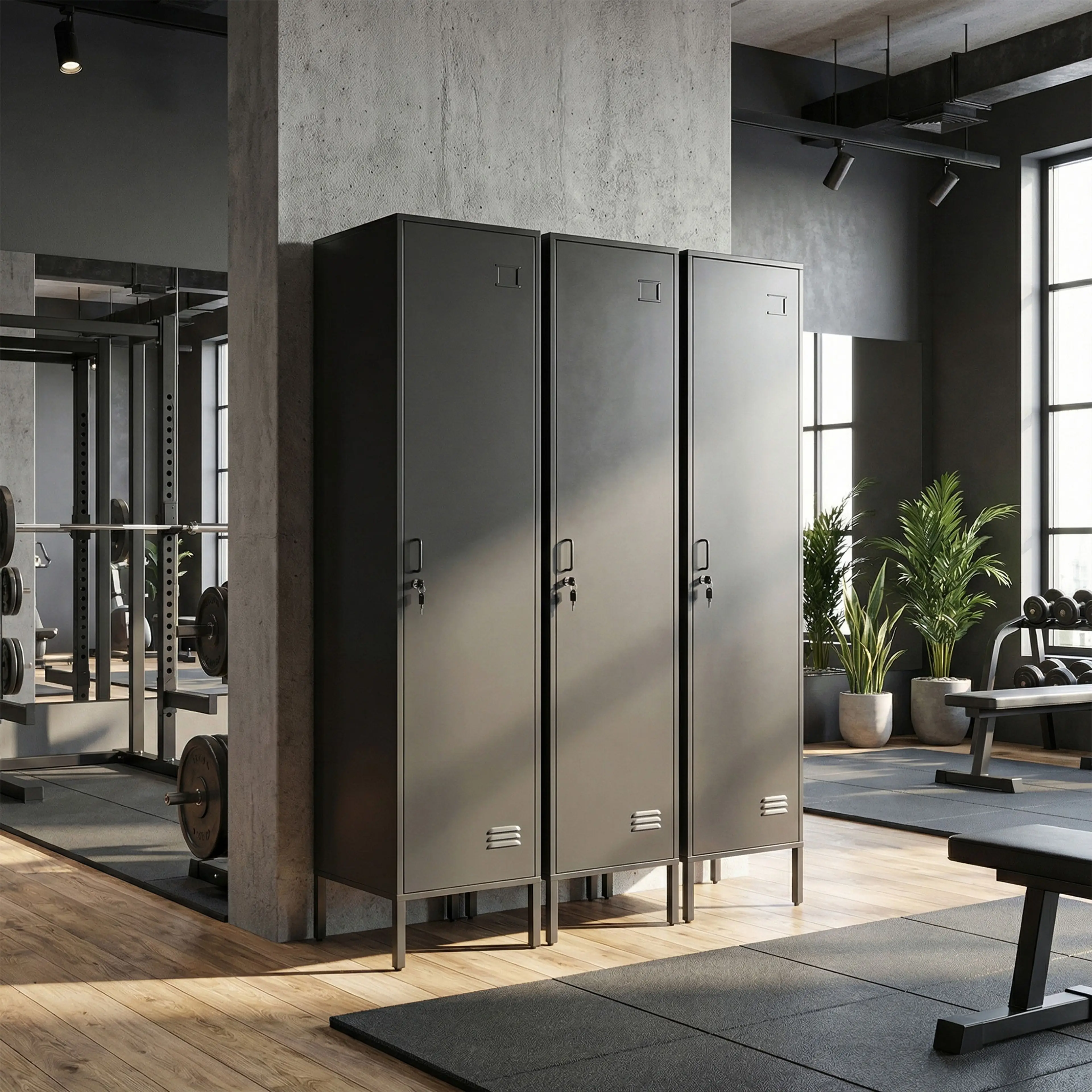Tre klädskåp i rad i ett gym