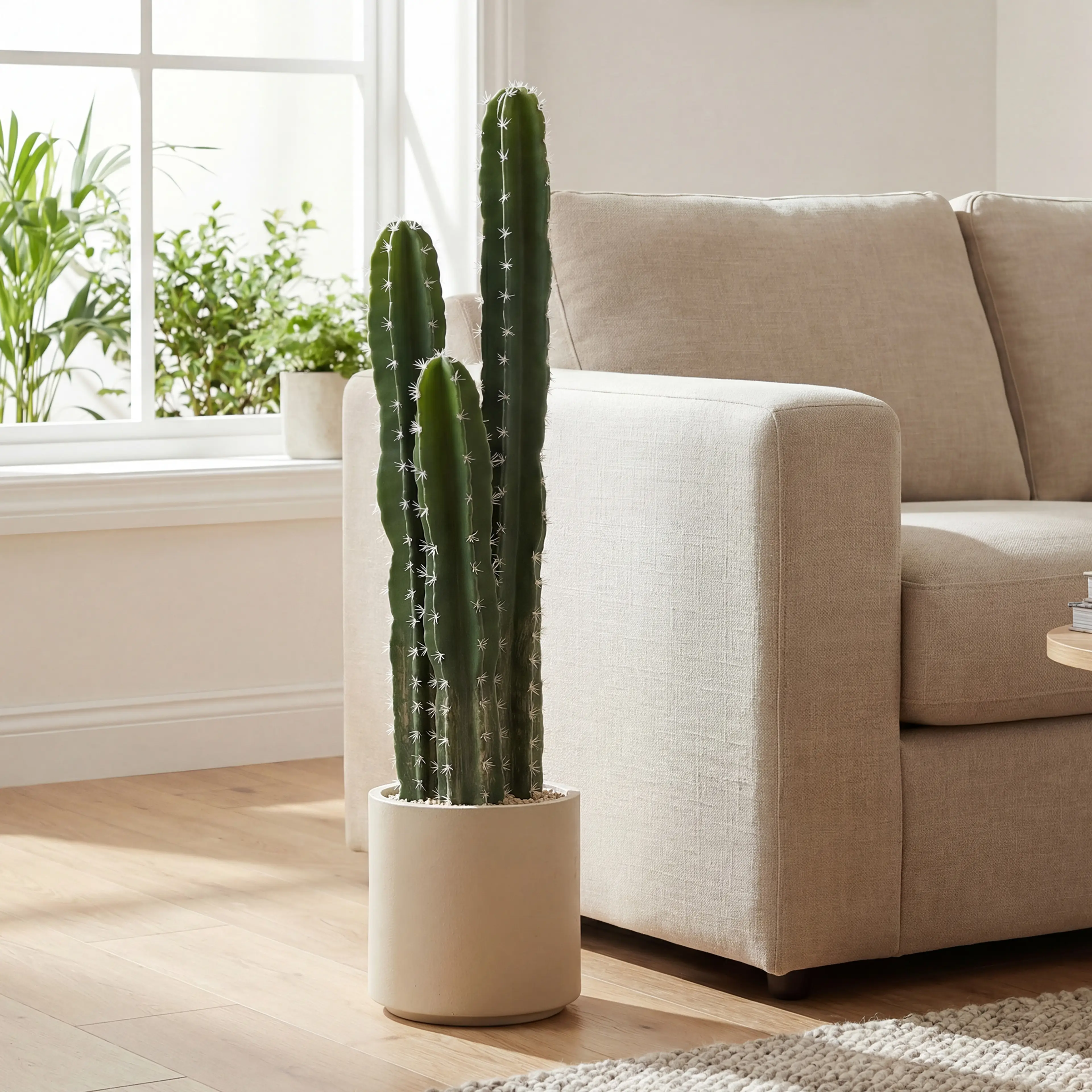 Kaktusen bredvid en beige soffa vid ett fönster