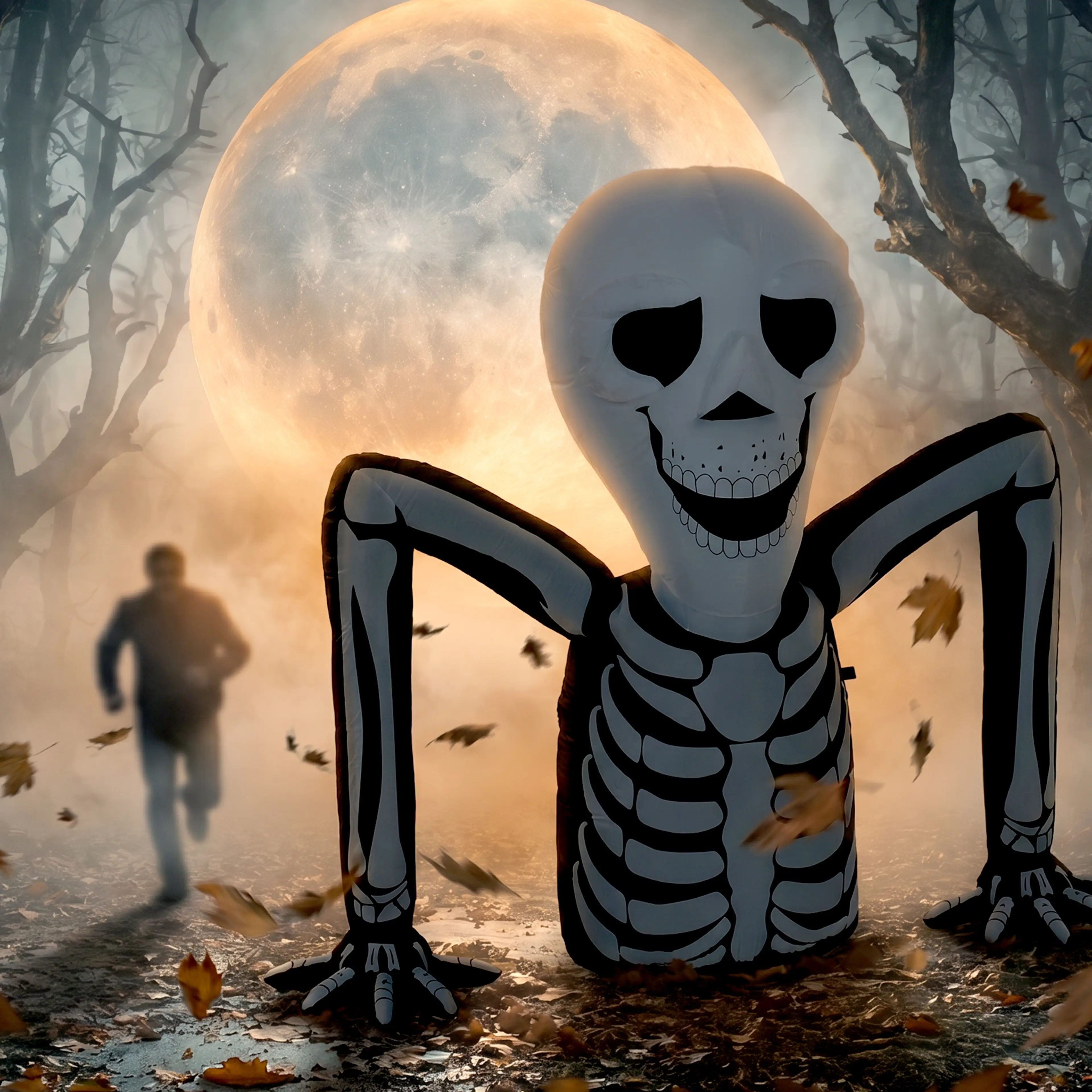 Skelettet i månsken med löv som virvlar förbi
