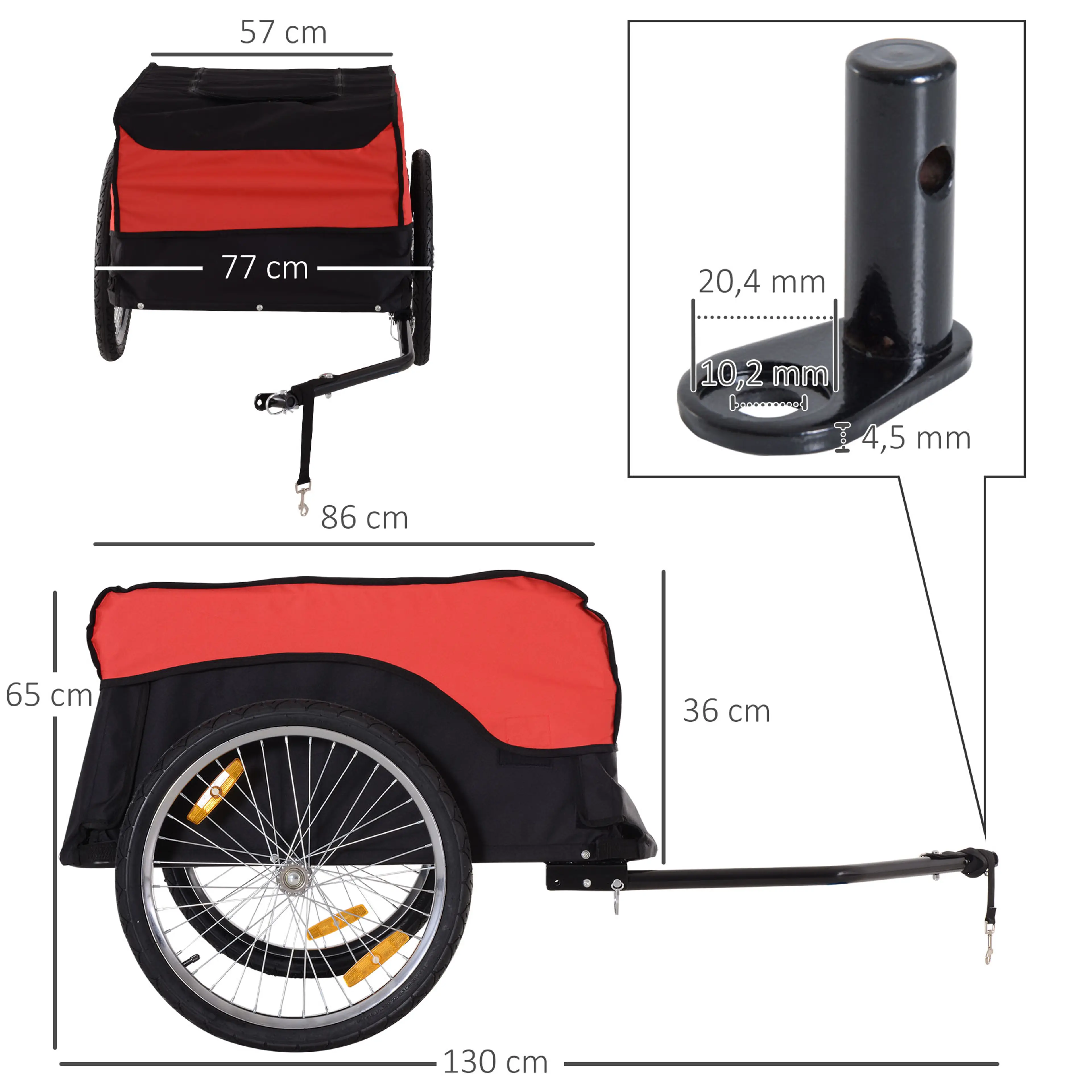 Måttbild: kärran är 130 cm lång, 77 cm bred och 65 cm hög, och lastutrymmet är 86 cm långt, 57 cm brett och 36 cm högt, med en närbild på kopplingen
