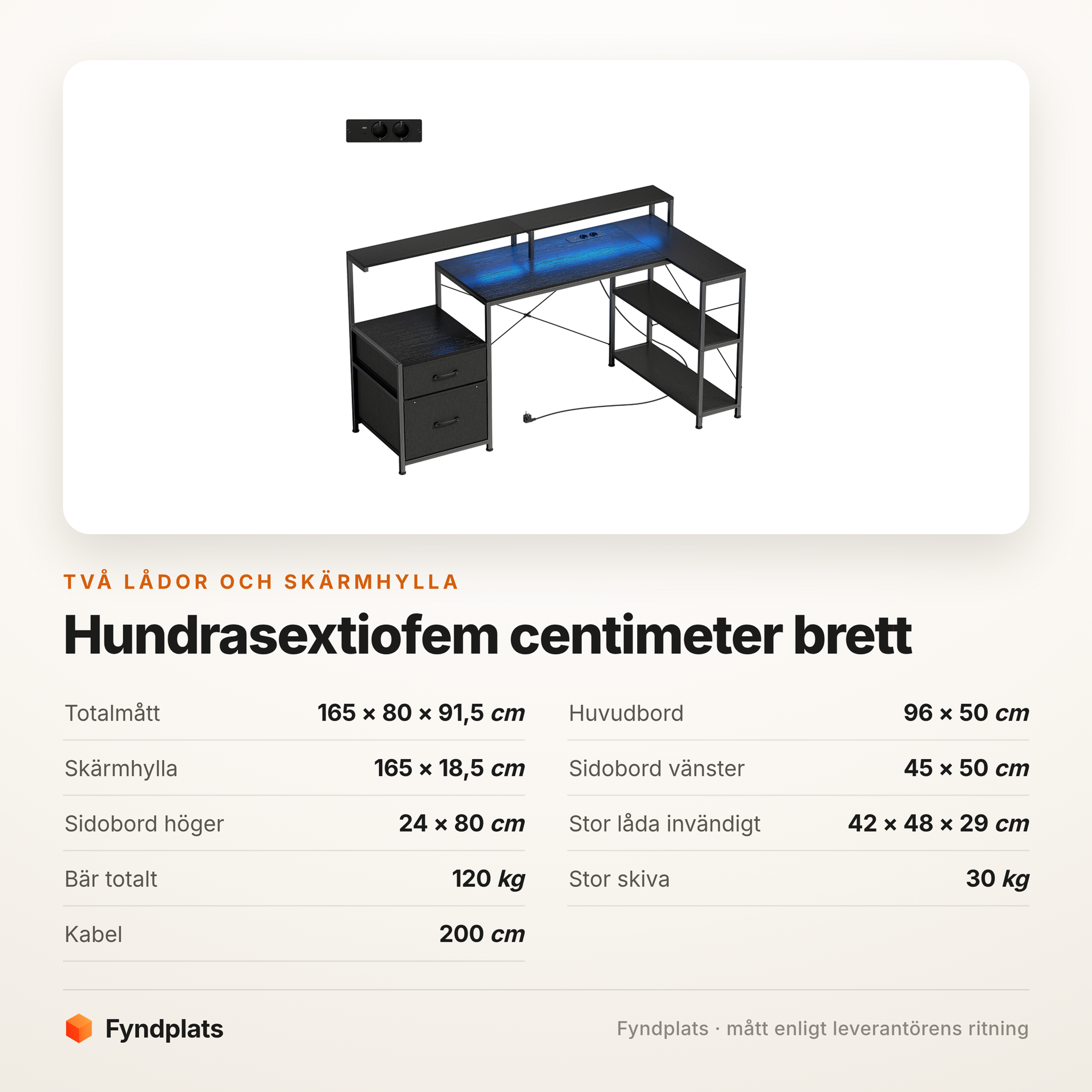 Gamingbord 165 cm i L-form med LED och eluttag – bild 5