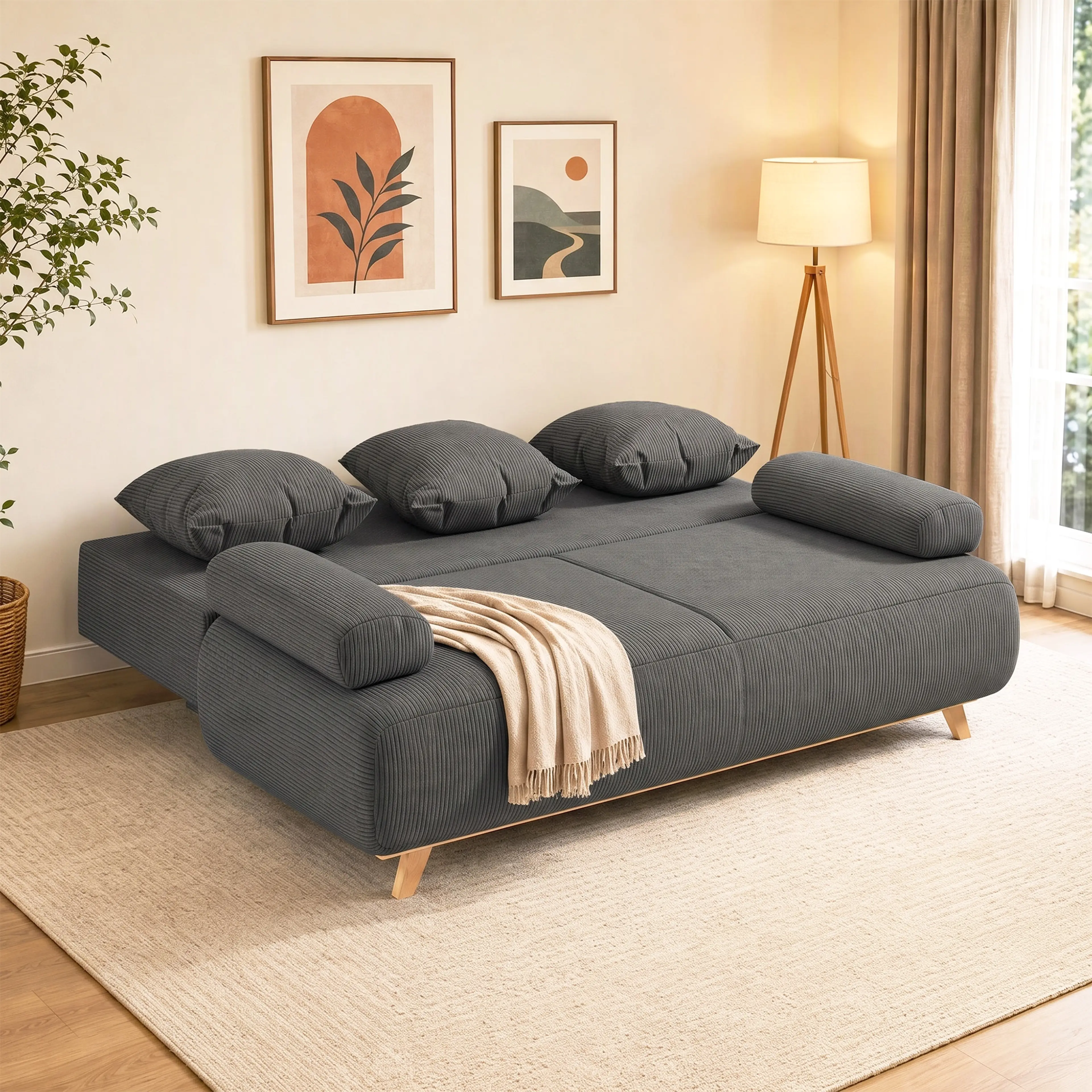 Bäddsoffan utfälld till dubbelsäng 188 × 140 cm med kuddar på bädden