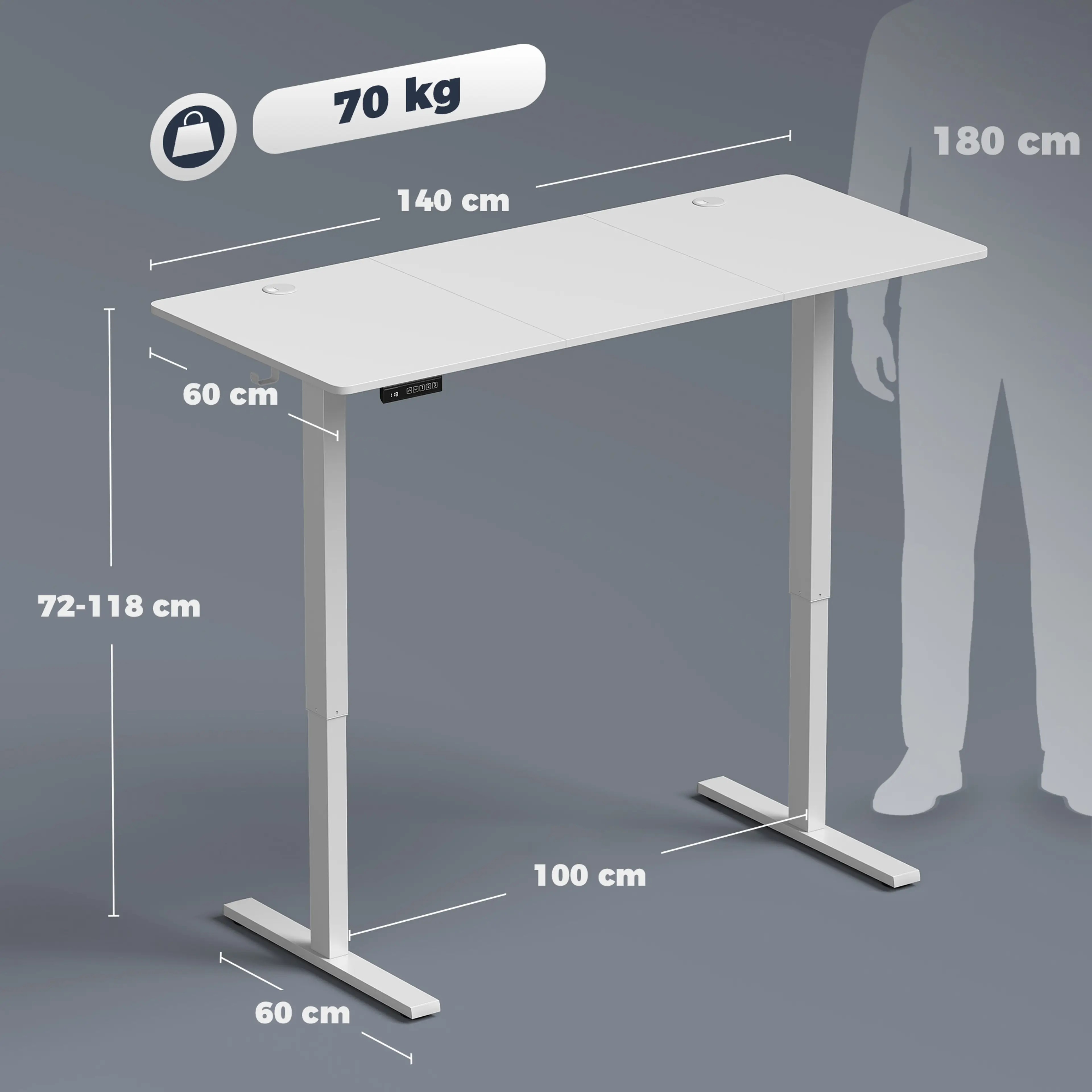 Måttskiss: skiva 140 × 60 cm, höjd 72–118 cm och maxlast 70 kg mot en 180 cm hög siluett