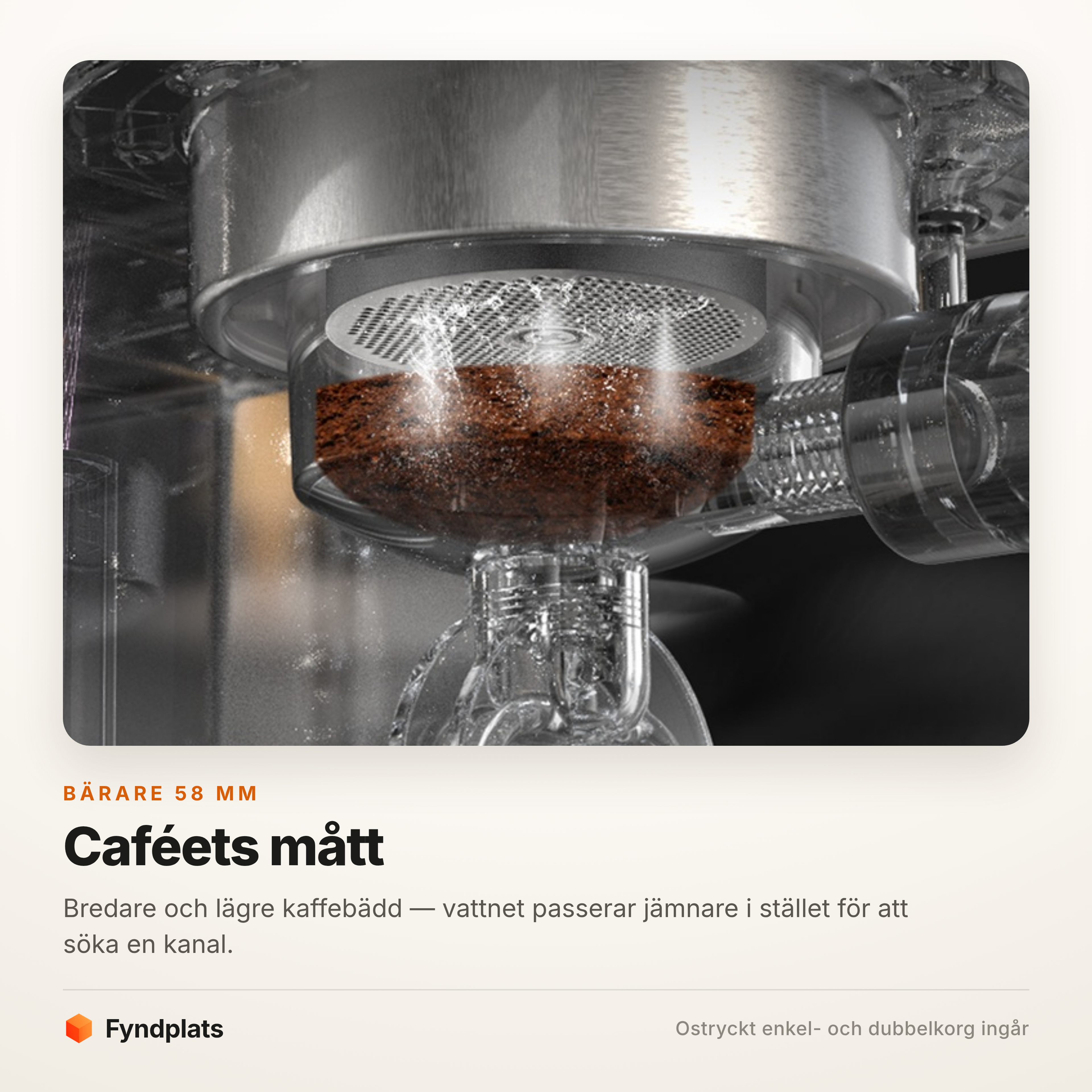 Fyndplats-kort: närbild på kaffebädden i den ostryckta korgen i 58 mm-bäraren