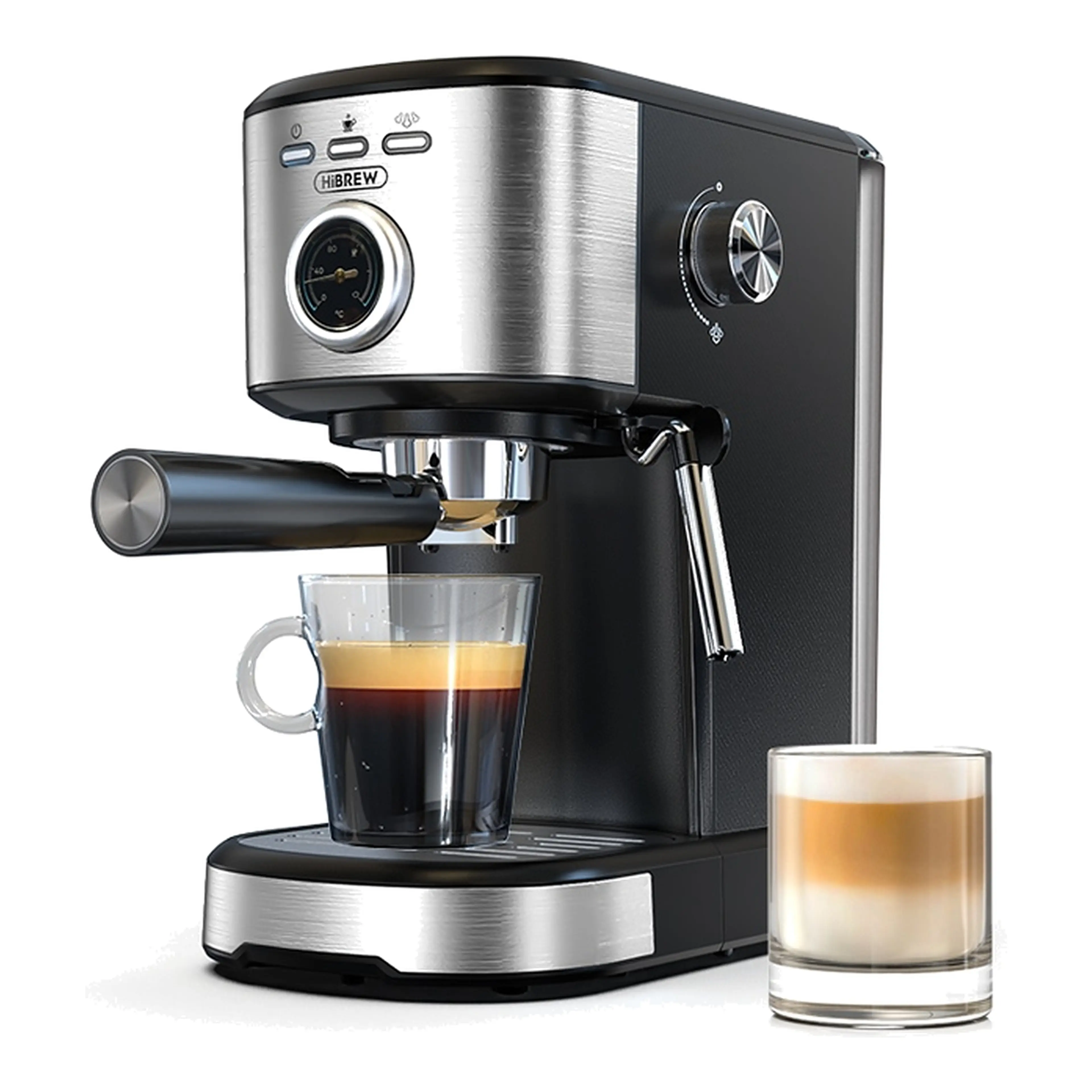 Espressomaskin HiBREW H5A med termometer på fronten, espressokopp och latteglas, mot vit bakgrund