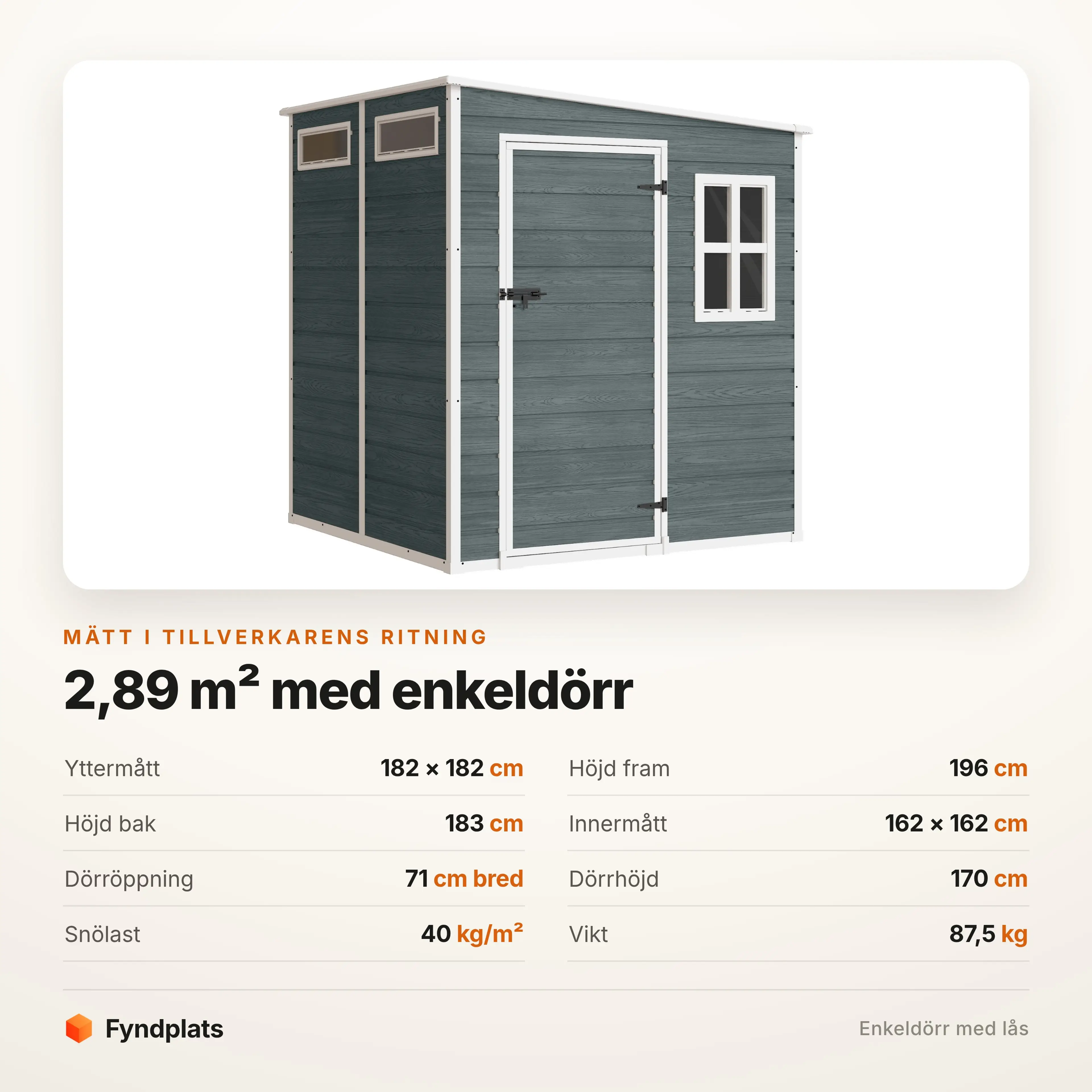 Specifikationer: 2,89 m² golvyta, 182 × 182 cm, dörröppning 71 cm
