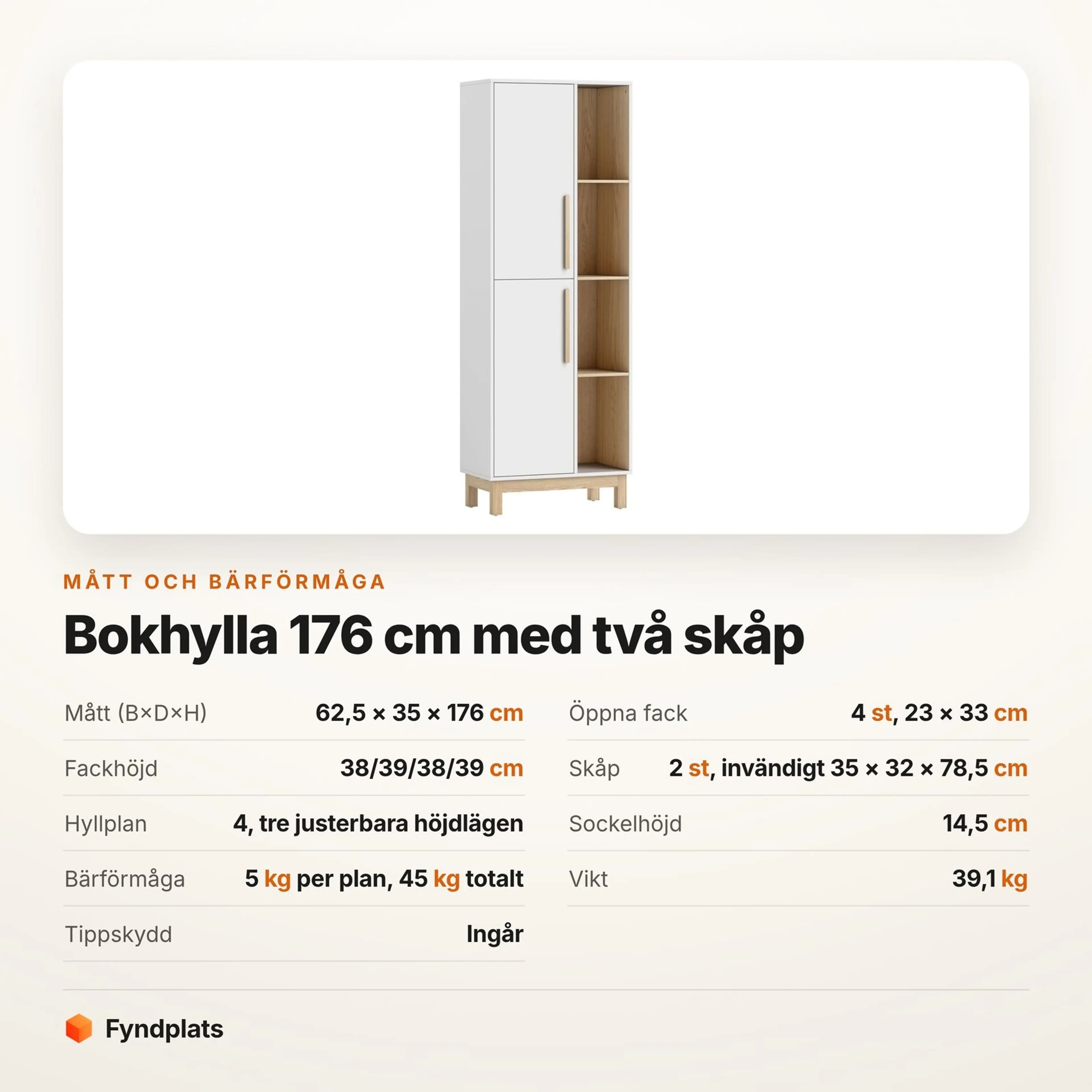 Bokhylla 176 cm med 4 öppna fack och 2 skåp – bild 3