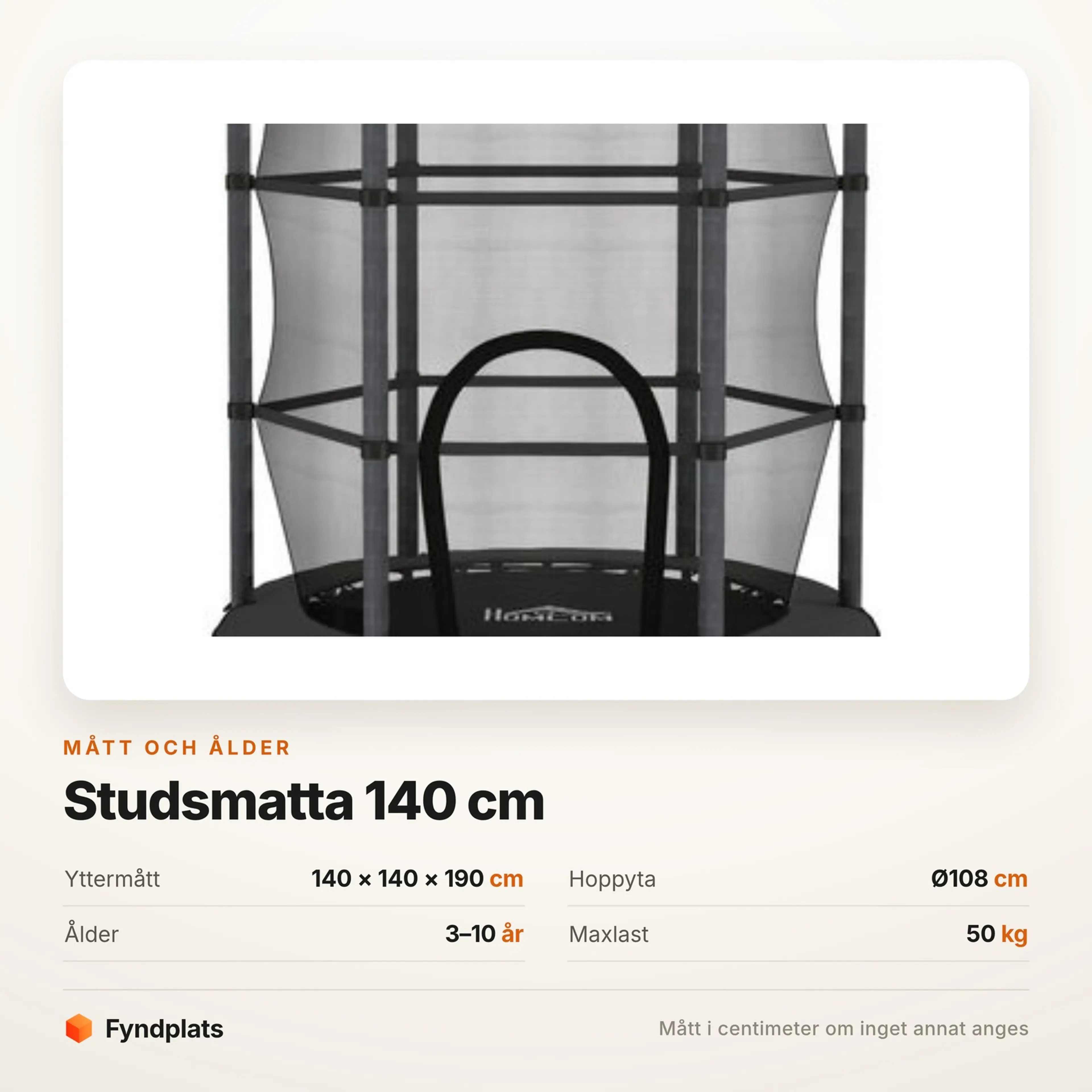 Faktakort: studsmattan 140 × 140 × 190 cm, hoppyta Ø108 cm, ålder 3–10 år och maxlast 50 kg