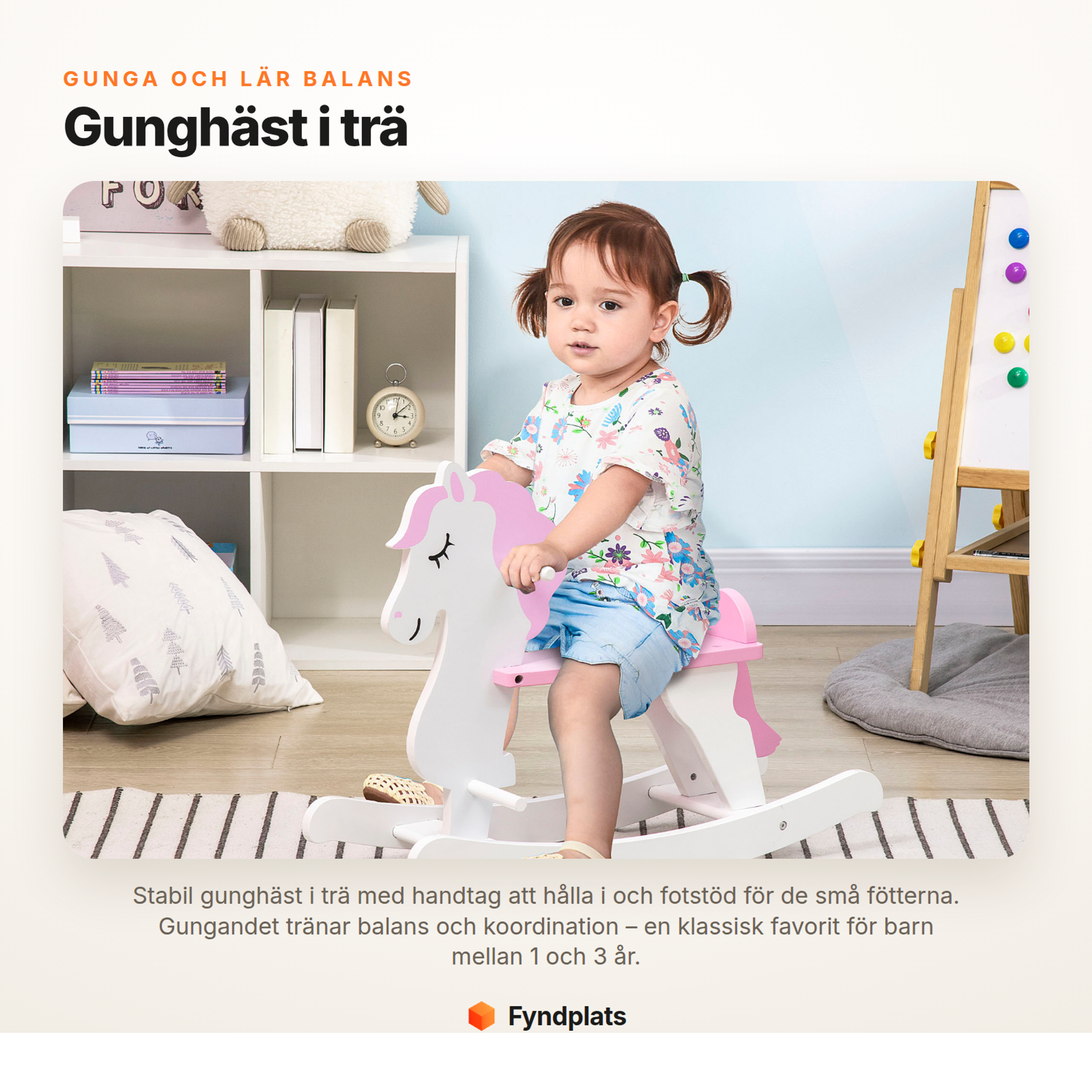 Fyndplats – gunghäst i trä med handtag och fotstöd för barn mellan 1 och 3 år