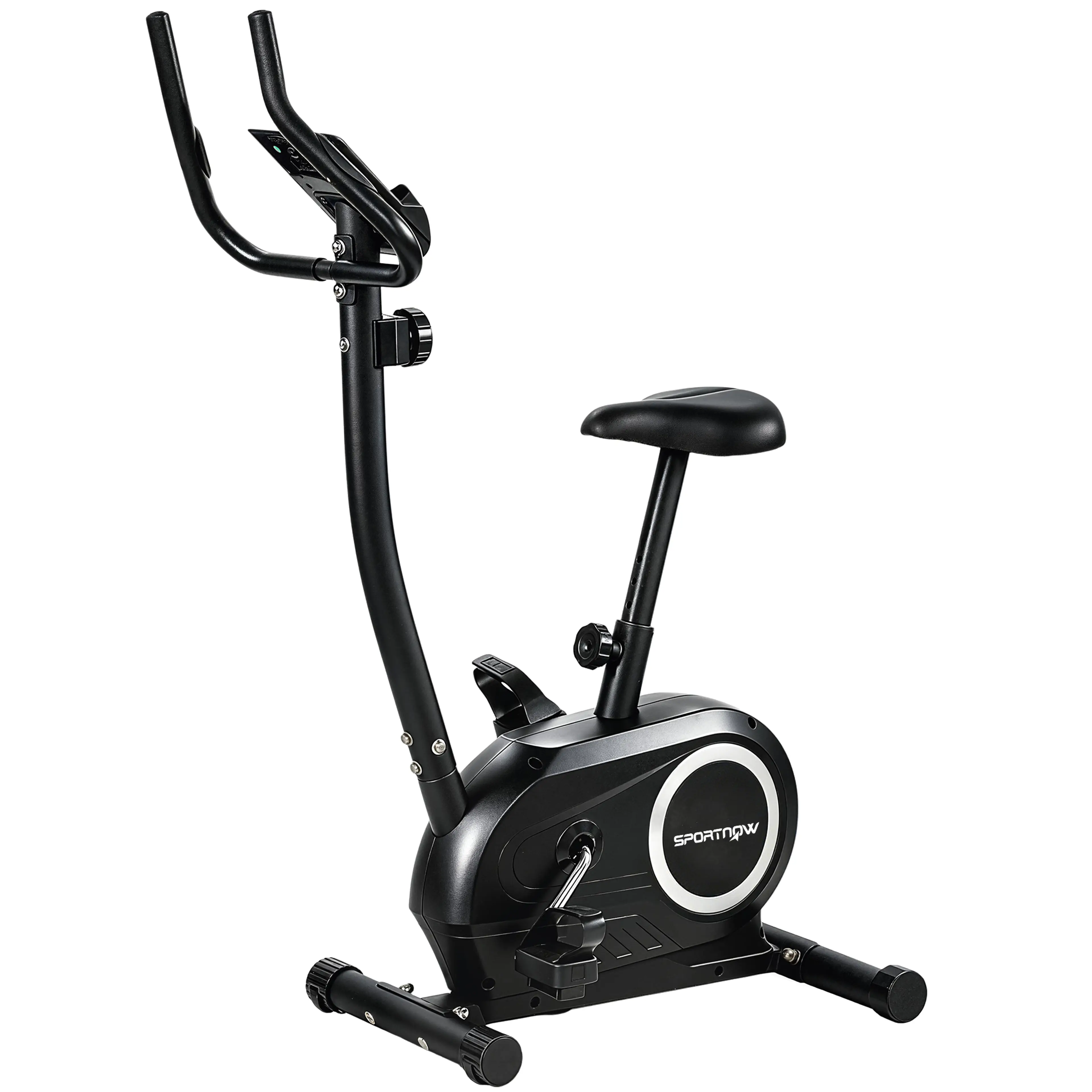 Svart motionscykel med H-formad fot, sadel och uppåtböjt styre
