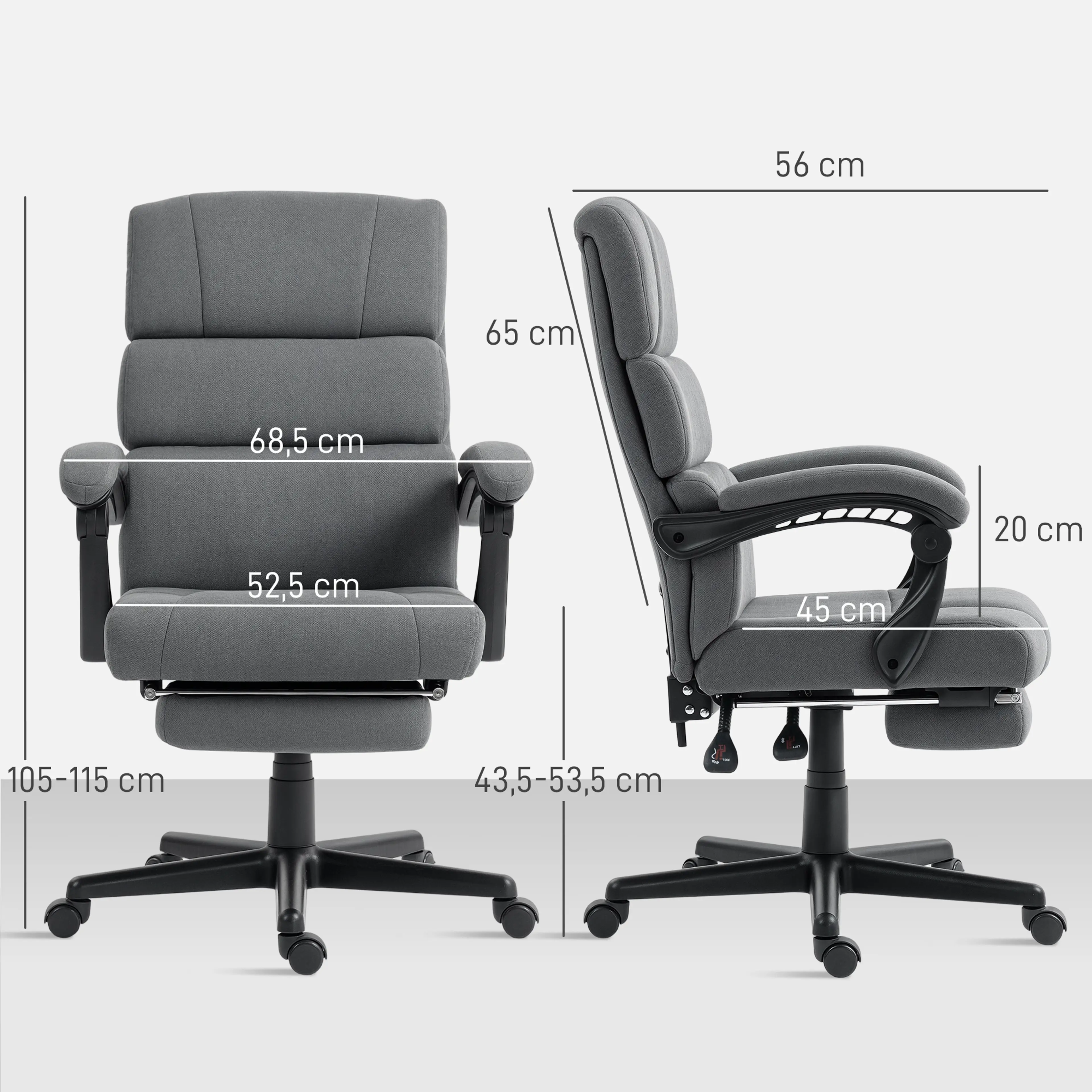 Måttritning med djup 56 cm, rygg 65 cm, bredd 68,5 cm och sitthöjd 43,5–53,5 cm