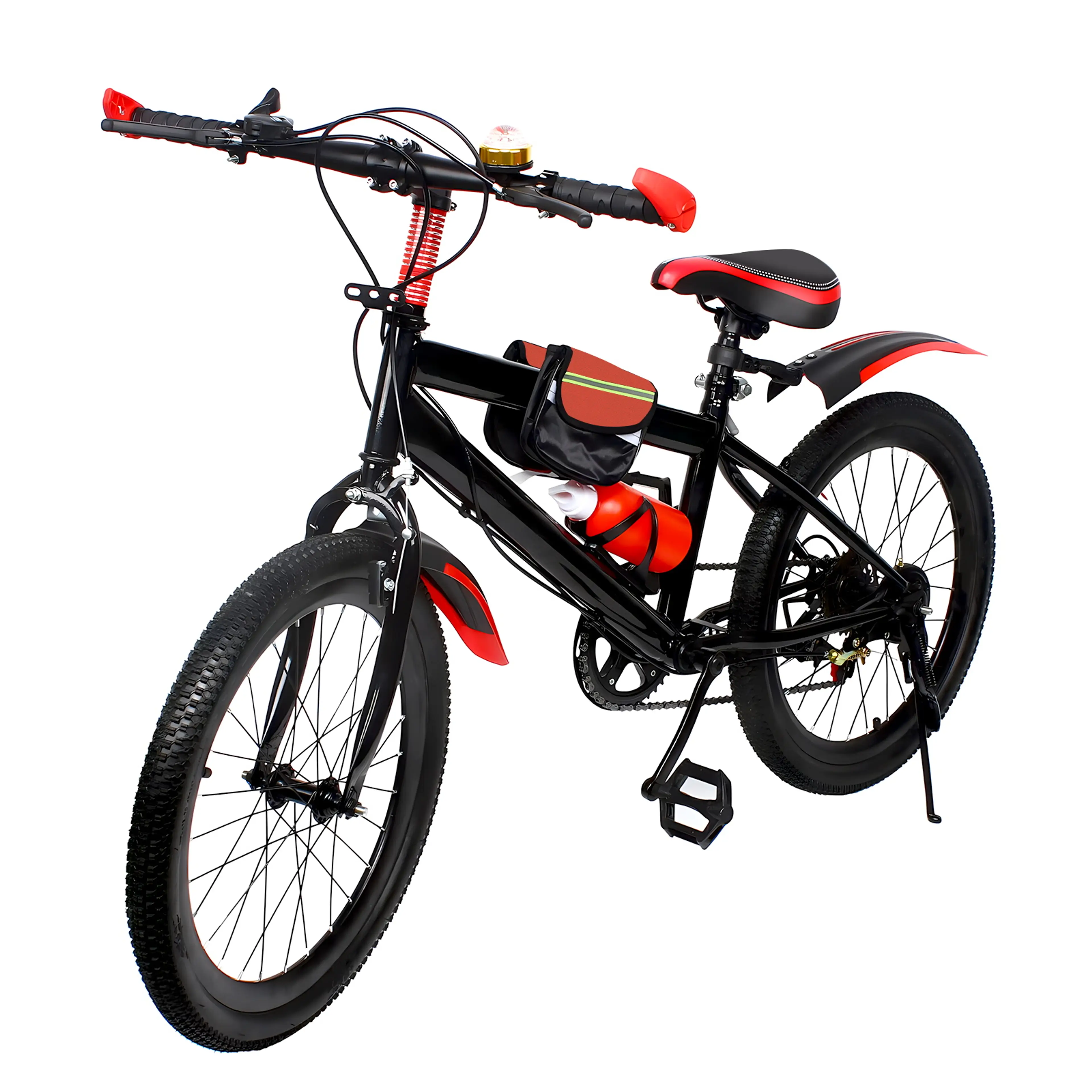 Röd barnmountainbike 20 tum snett framifrån med stänkskärmar och flaskhållare