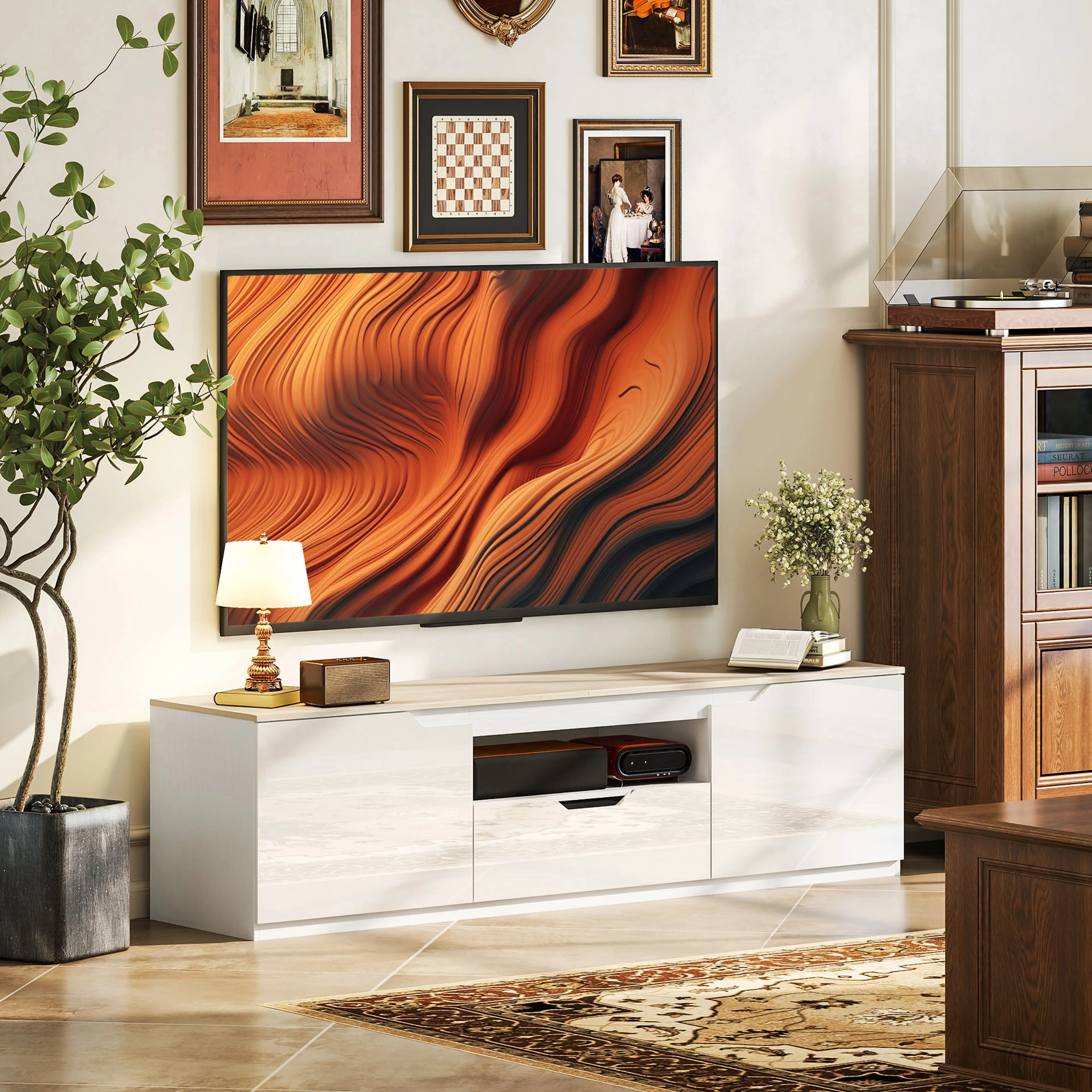 TV-bänk 160 cm högglans med ekskiva – bild 2