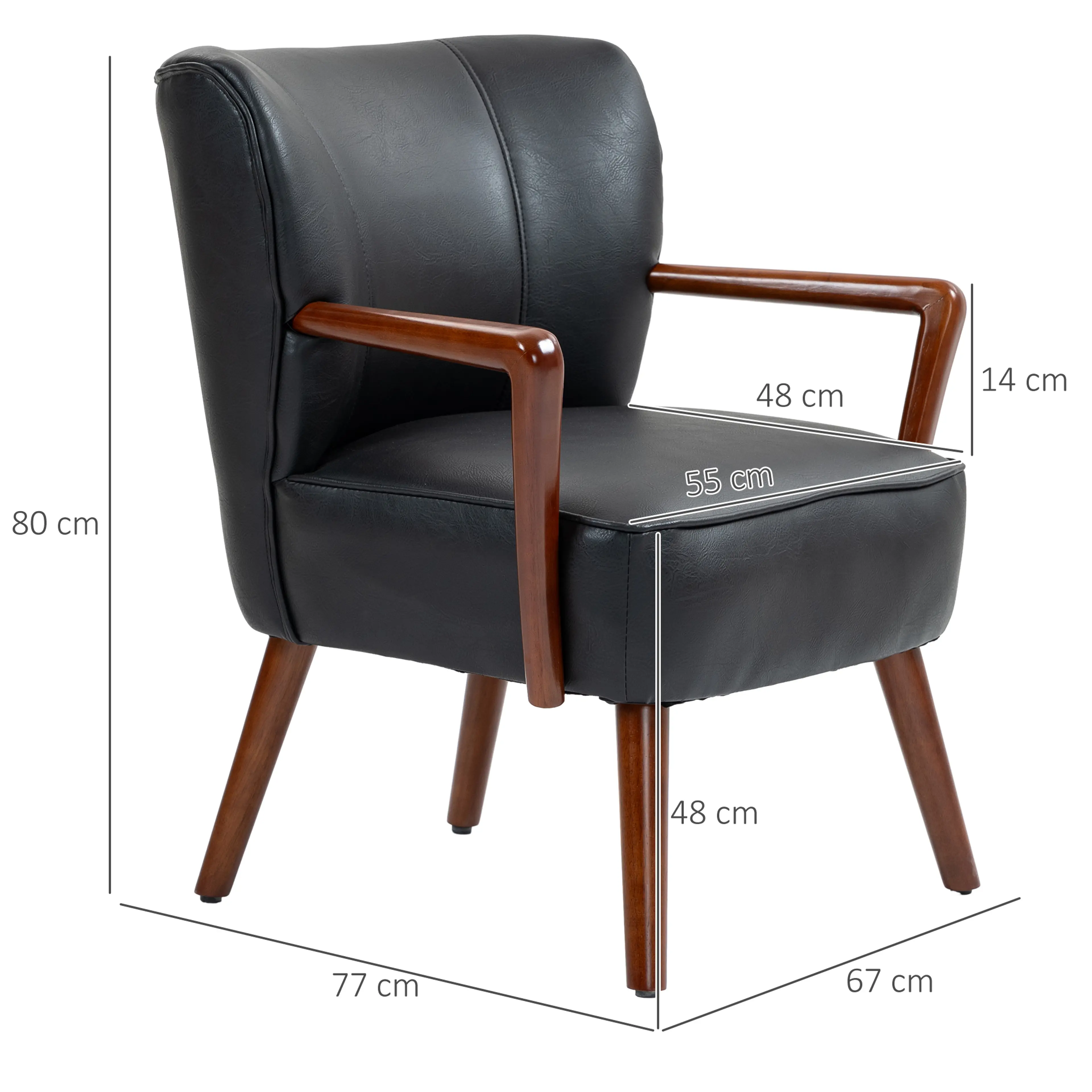 Måttritning: 67 cm bred, 77 cm djup, 80 cm hög och sittyta 55 × 48 cm