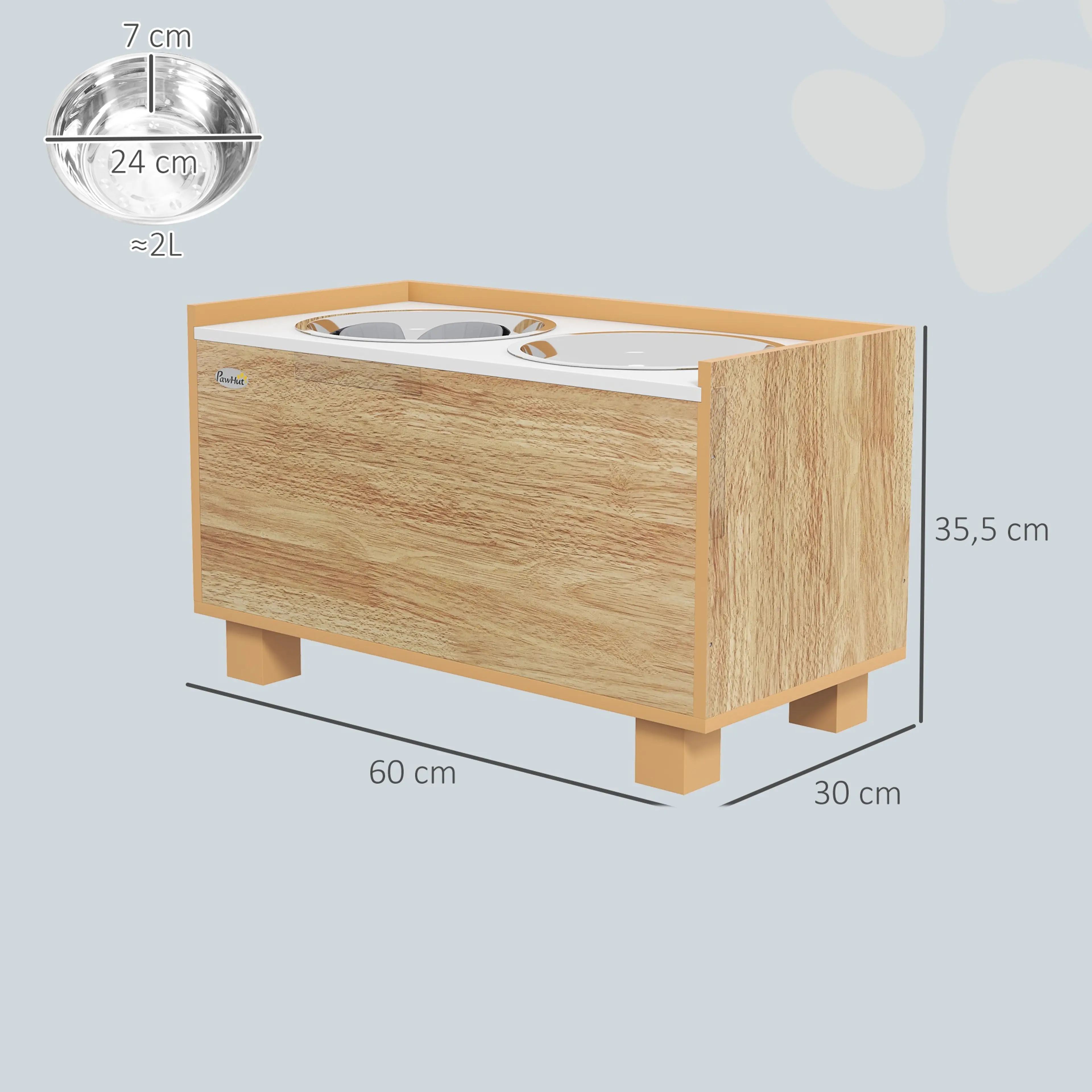 Måttskiss av hundmatstället: 60 × 30 × 35,5 cm med rostfria skålar på ø24 cm och cirka 2 liter