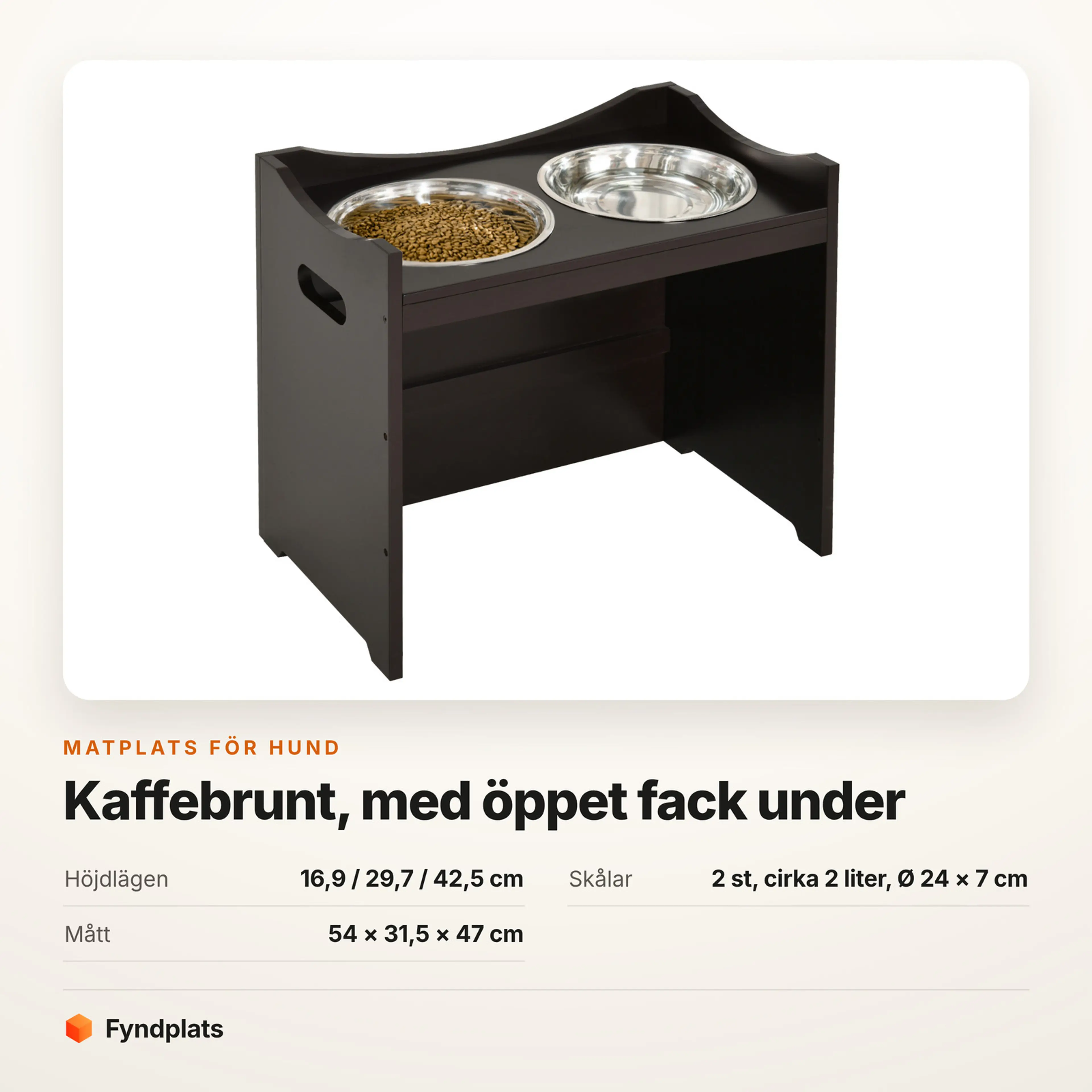 Faktakort: tre höjdlägen 16,9–42,5 cm, skålar på cirka 2 liter, 54 × 31,5 × 47 cm