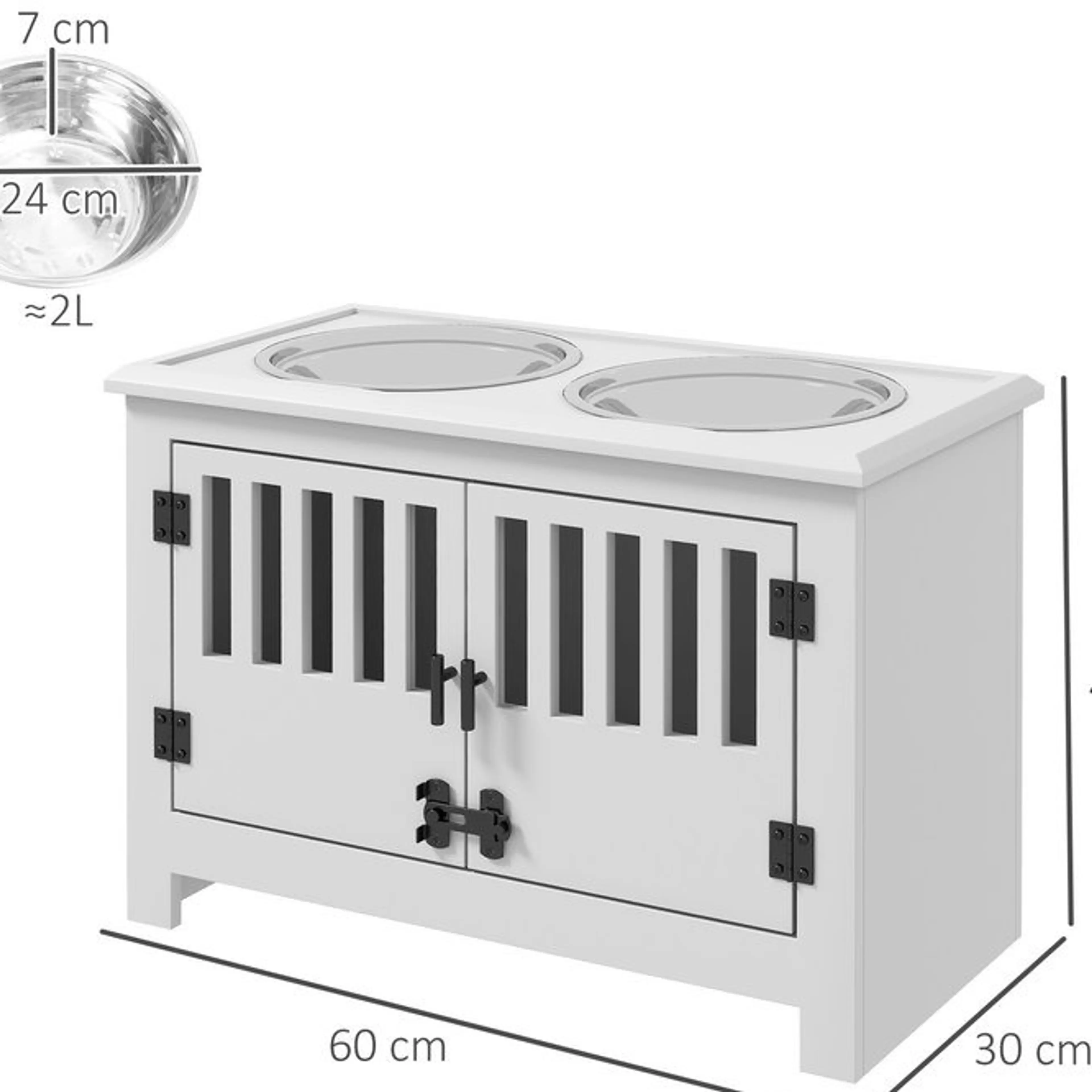 Måttritning: 60 cm brett, 30 cm djupt och 43 cm högt, skål Ø 24 × 7 cm på cirka 2 liter