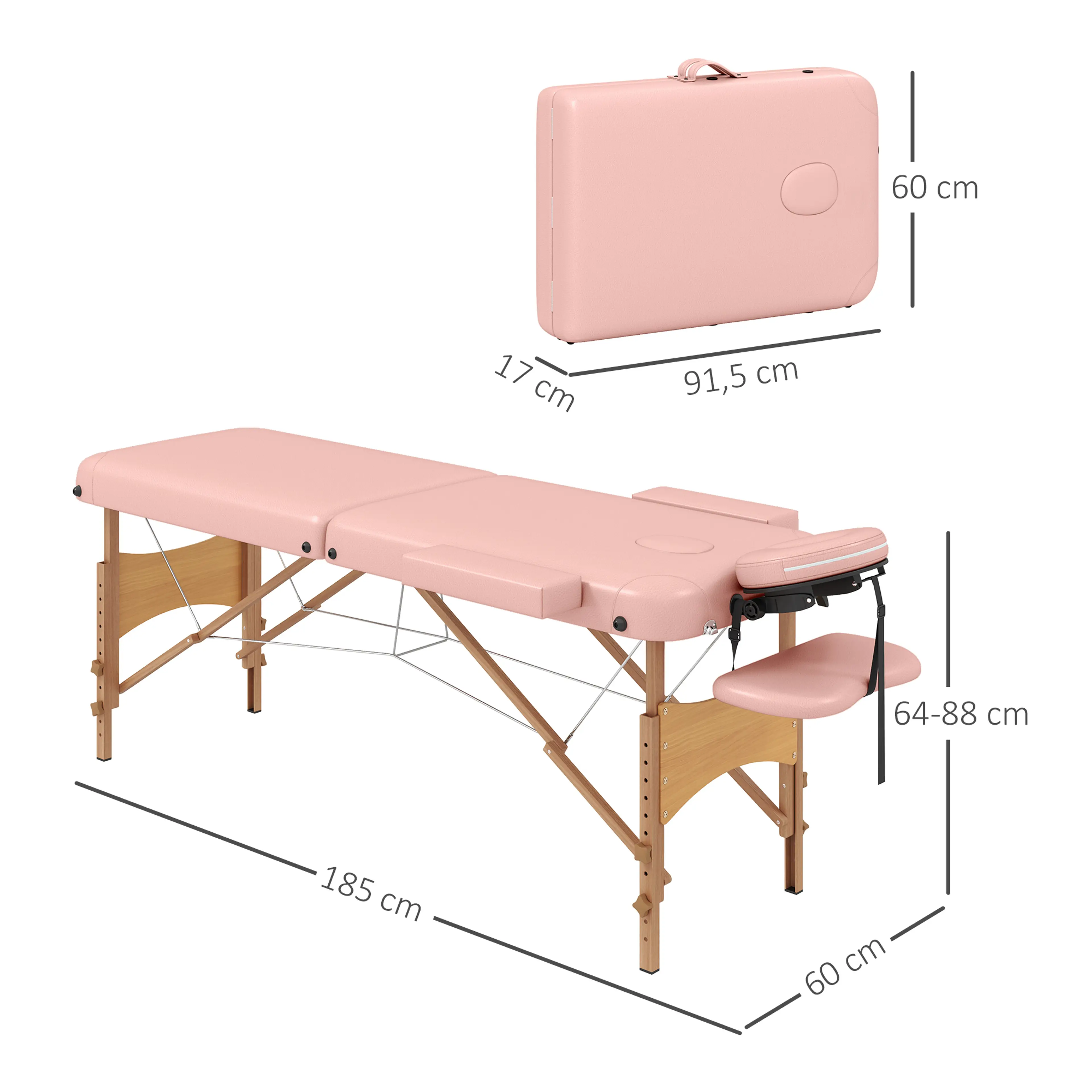 Måttskiss för massagebänken: liggyta 185 × 60 cm, höjd 64–88 cm och hopfälld 91,5 × 60 × 17 cm